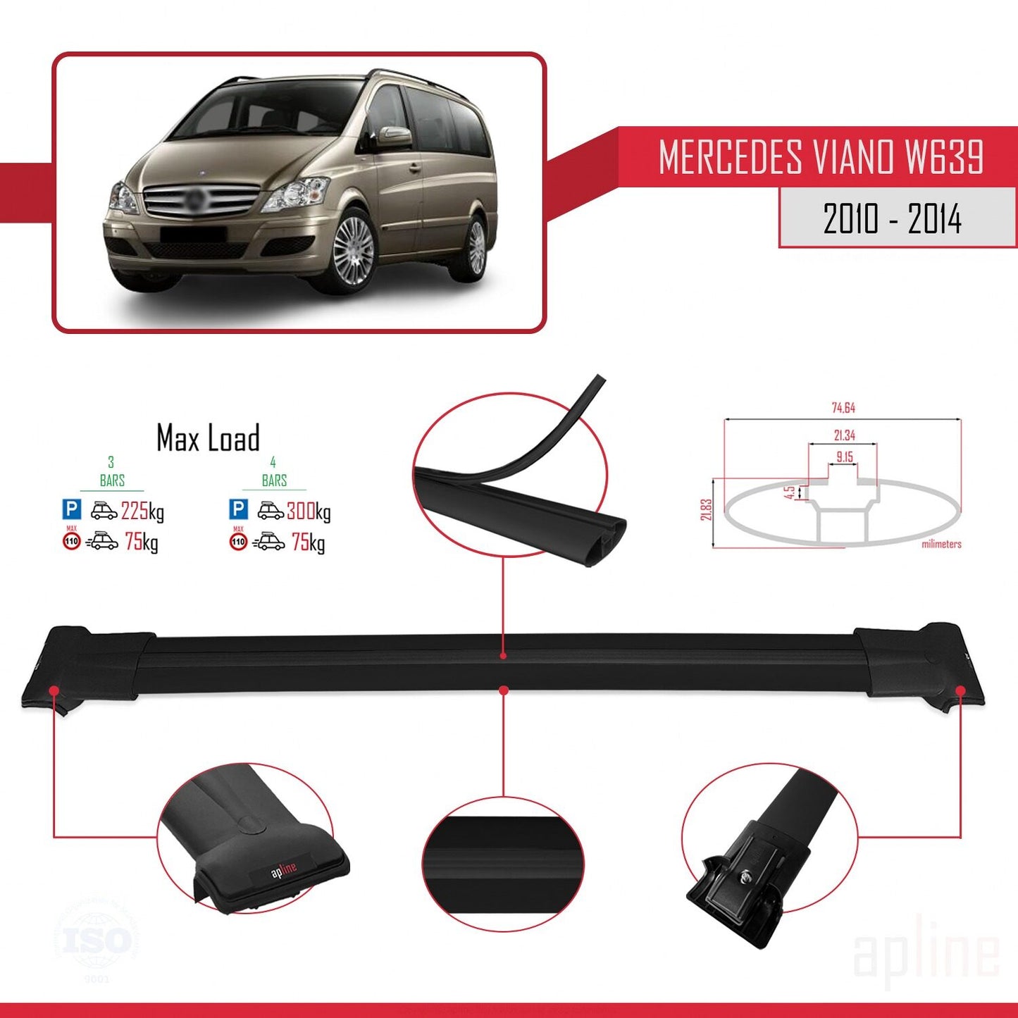 Compatible avec Mercedes Viano 2 (W639) Post-Facelift 2010-2014 FLY Model Barres de Toit Railing Porte-Bagages de Voiture Noir Aluminium 3 Barres