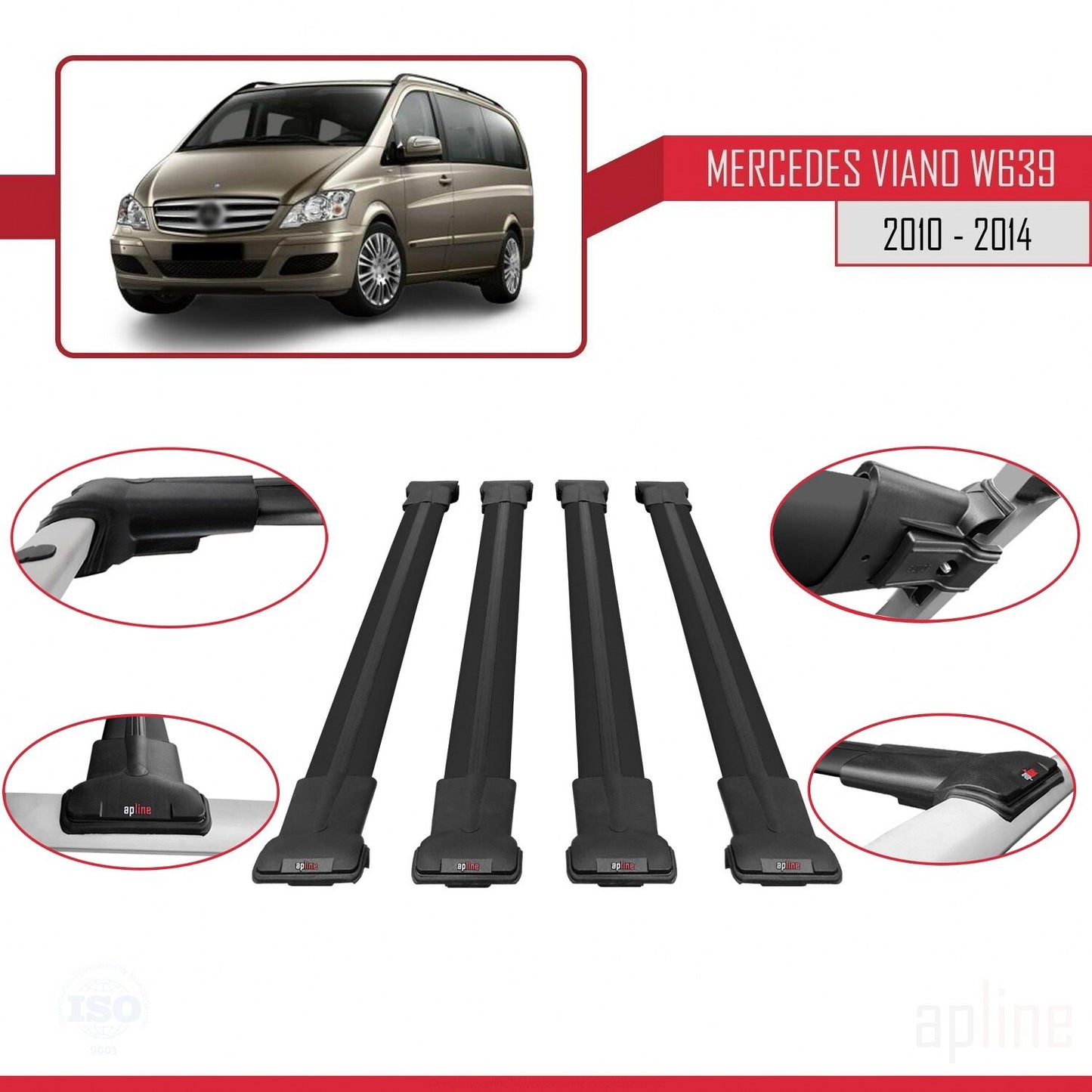 Compatible avec Mercedes Viano 2 (W639) Post-Facelift 2010-2014 FLY Model Barres de Toit Railing Porte-Bagages de Voiture Noir Aluminium 4 Barres