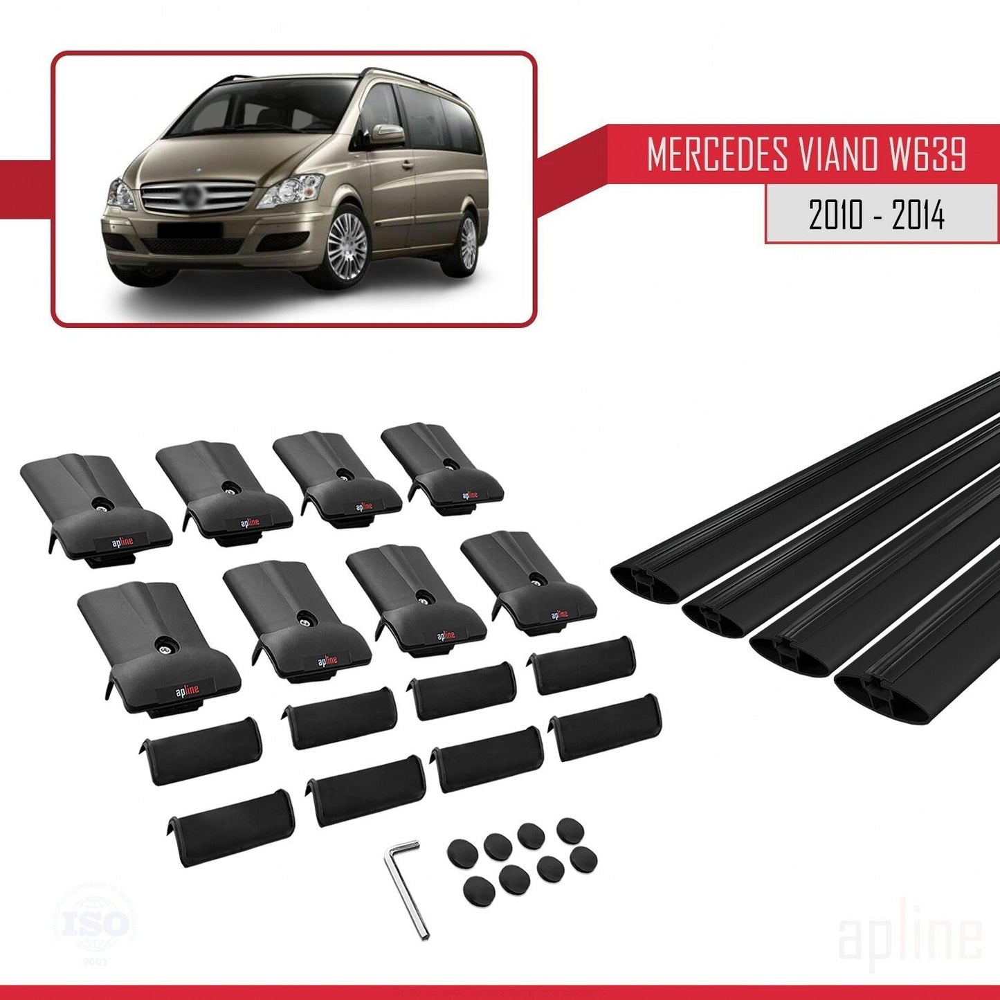 Compatible avec Mercedes Viano 2 (W639) Post-Facelift 2010-2014 FLY Model Barres de Toit Railing Porte-Bagages de Voiture Noir Aluminium 4 Barres