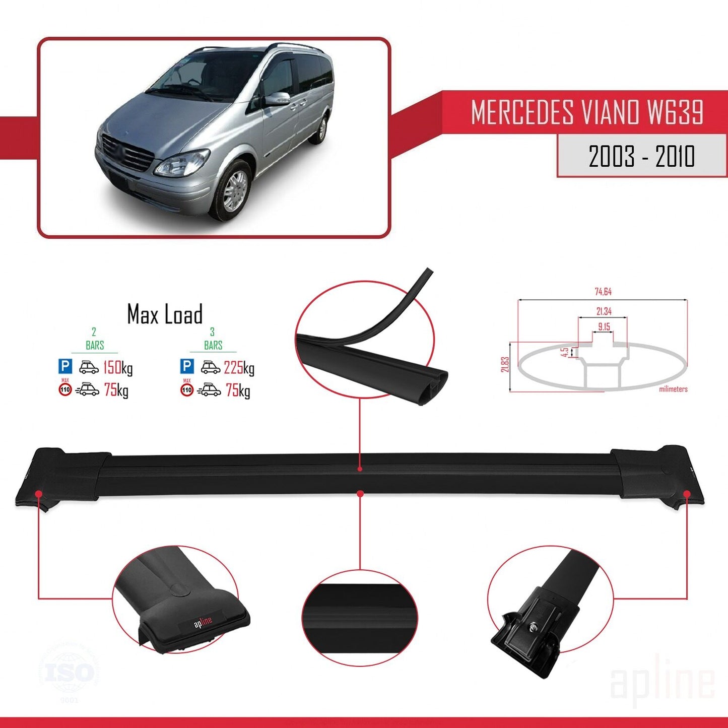 Compatible with Mercedes Viano 2 (W639) Post-Facelift 2010-2014 FLY Model Car Roof Rack Cross Bar Black Aluminium 2 Bars