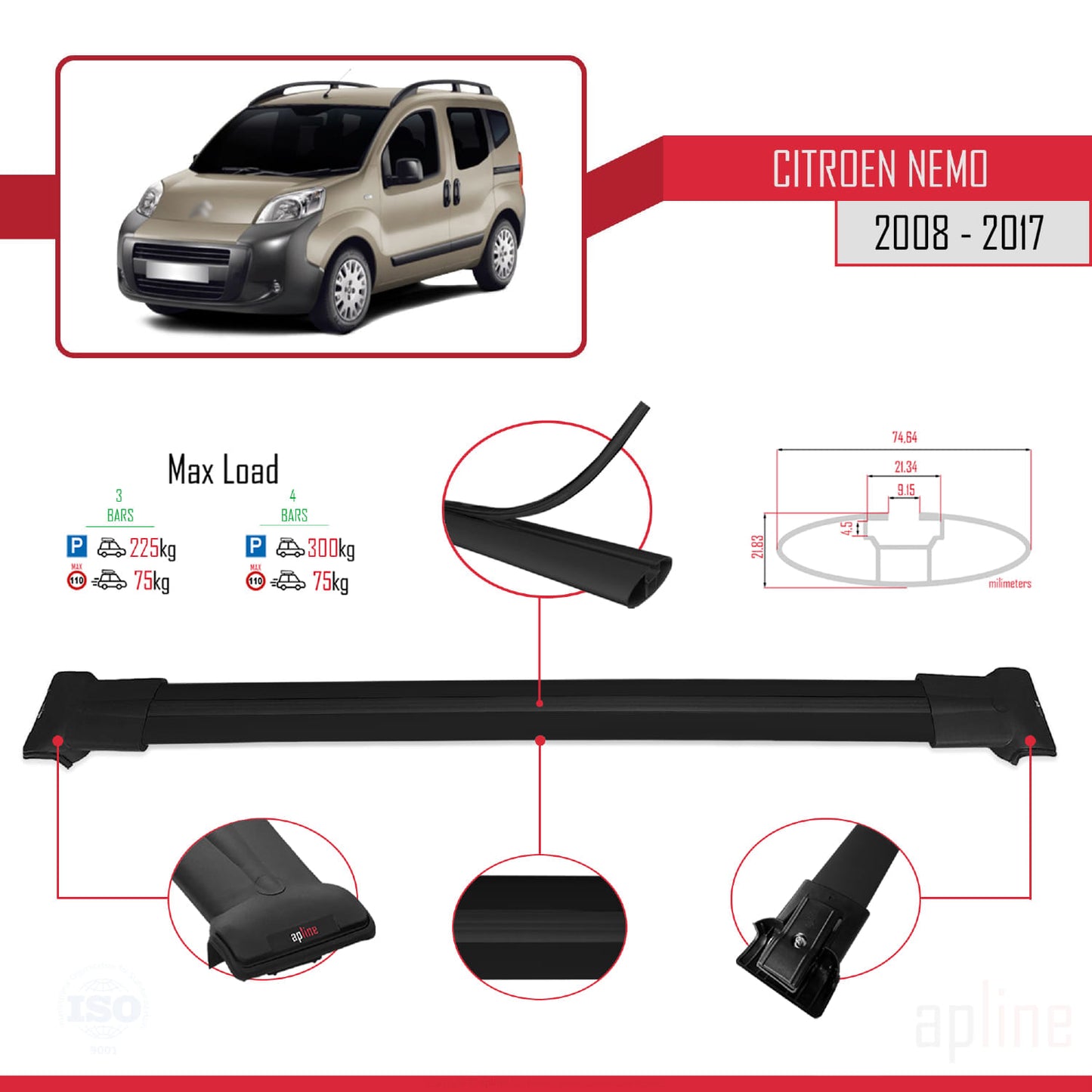Compatibile con Citroen Nemo 3 (225) 2008-2017 modello FLY Barre portatutto per auto Portapacchi in alluminio nero 3 barre