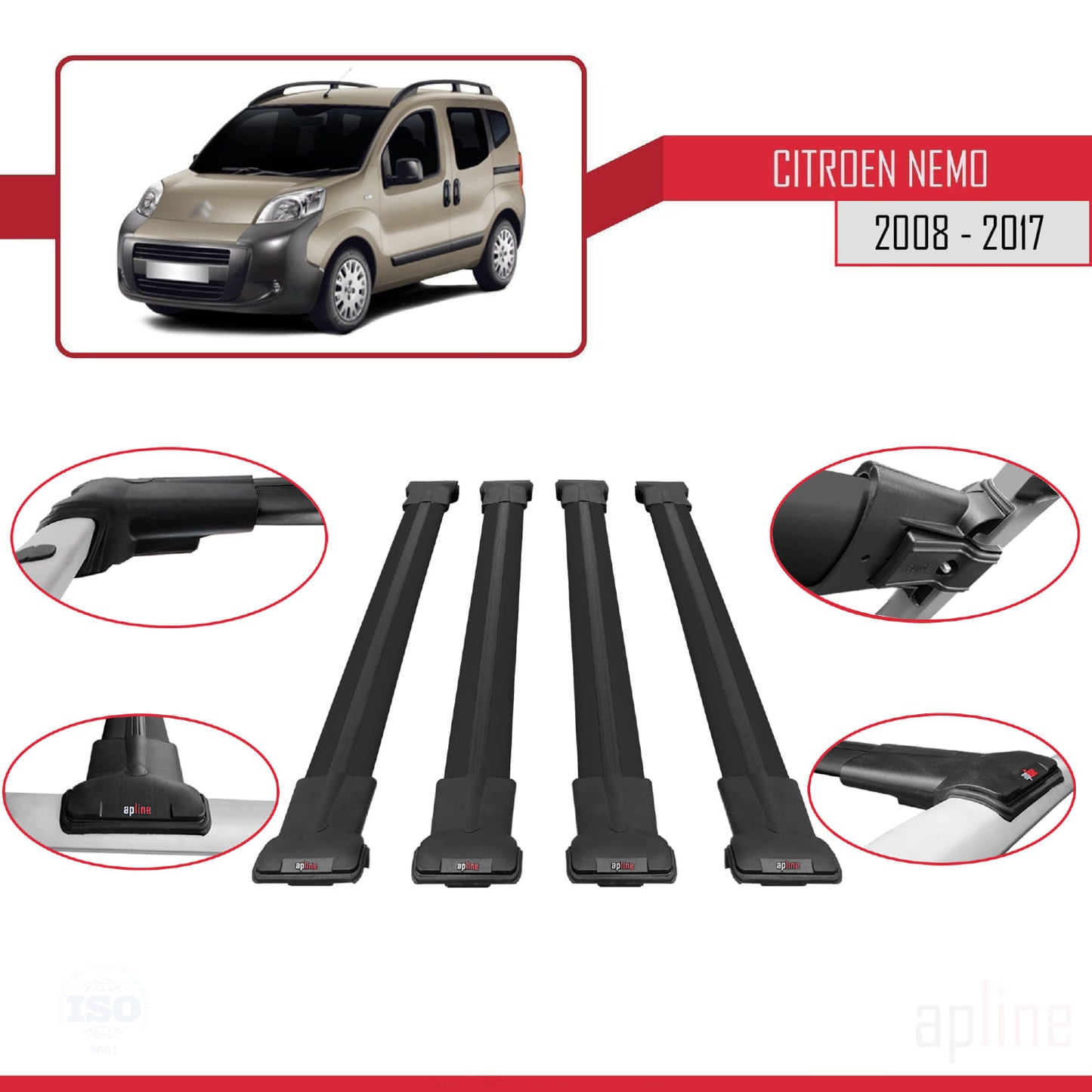 Compatibile con Citroen Nemo 3 (225) 2008-2017 modello FLY Barre portatutto per auto Portapacchi in alluminio nero 4 barre