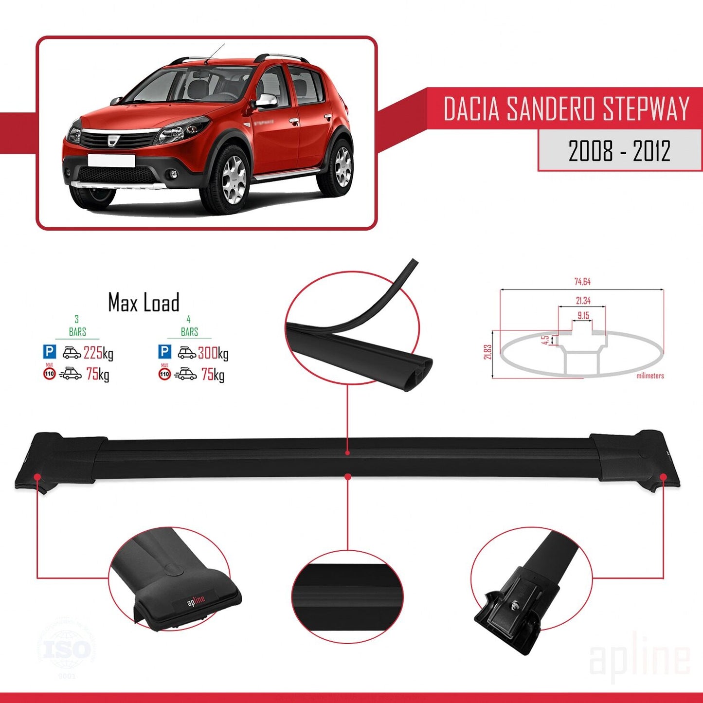 Compatibile con Dacia Sandero Stepway 2008-2012 modello FLY Barre portatutto per auto Portapacchi in alluminio nero 3 barre