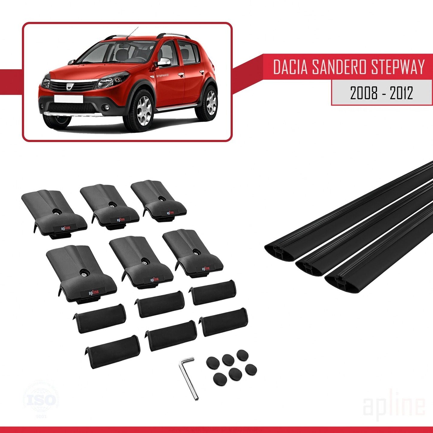 Compatibile con Dacia Sandero Stepway 2008-2012 modello FLY Barre portatutto per auto Portapacchi in alluminio nero 3 barre