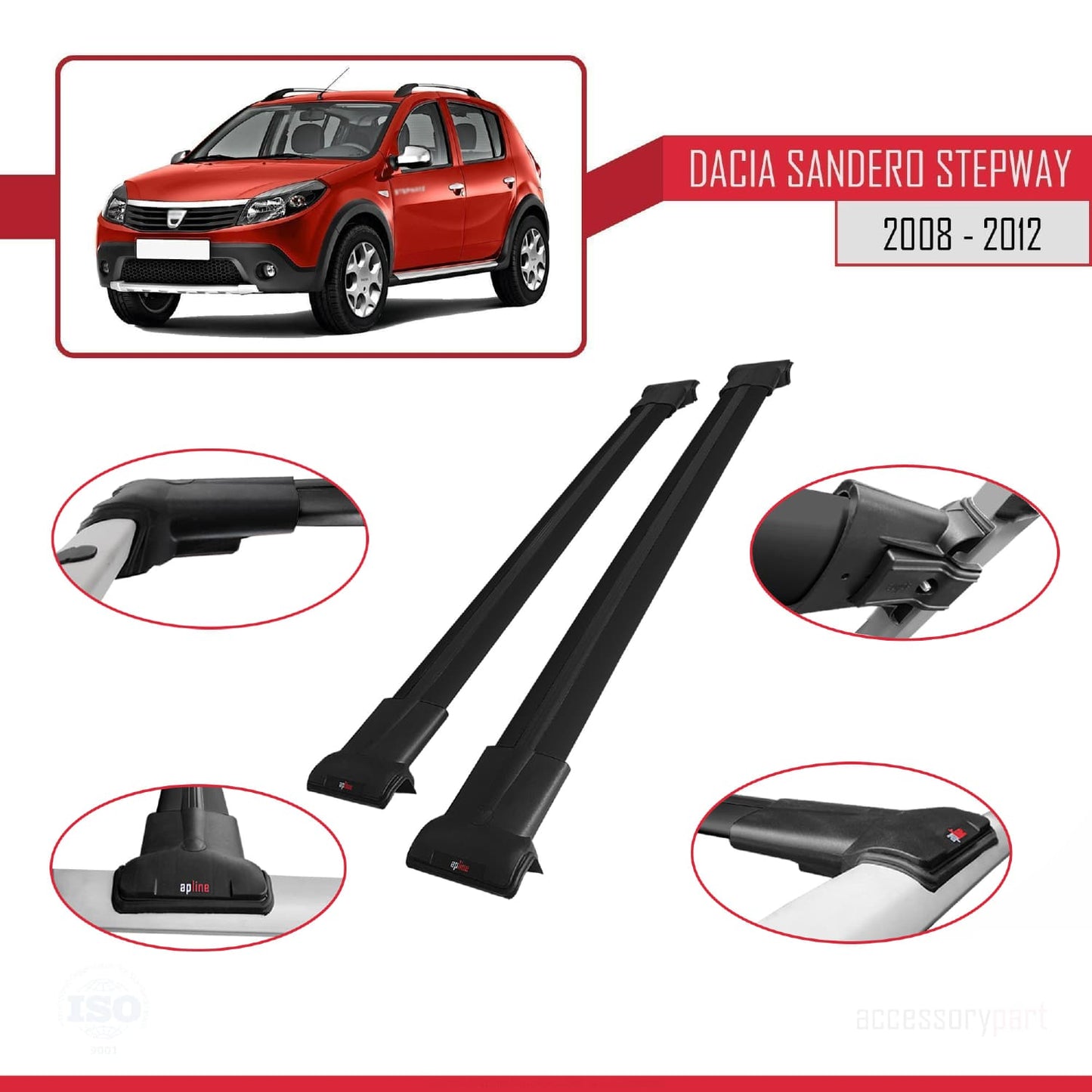 Compatibile con Dacia Sandero Stepway 2008-2012 modello FLY Barre portatutto per auto Portapacchi in alluminio nero 2 barre