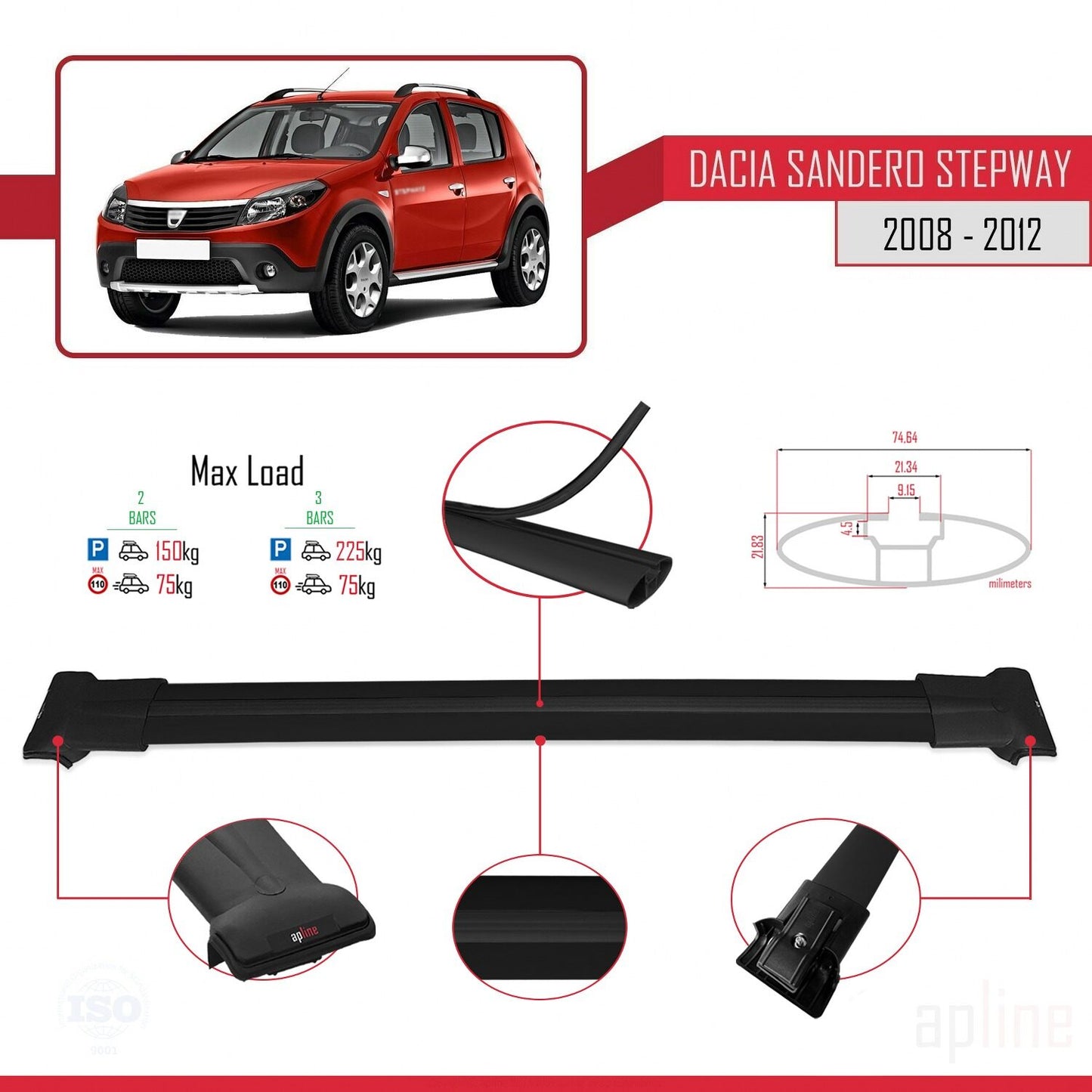 Compatibile con Dacia Sandero Stepway 2008-2012 modello FLY Barre portatutto per auto Portapacchi in alluminio nero 2 barre