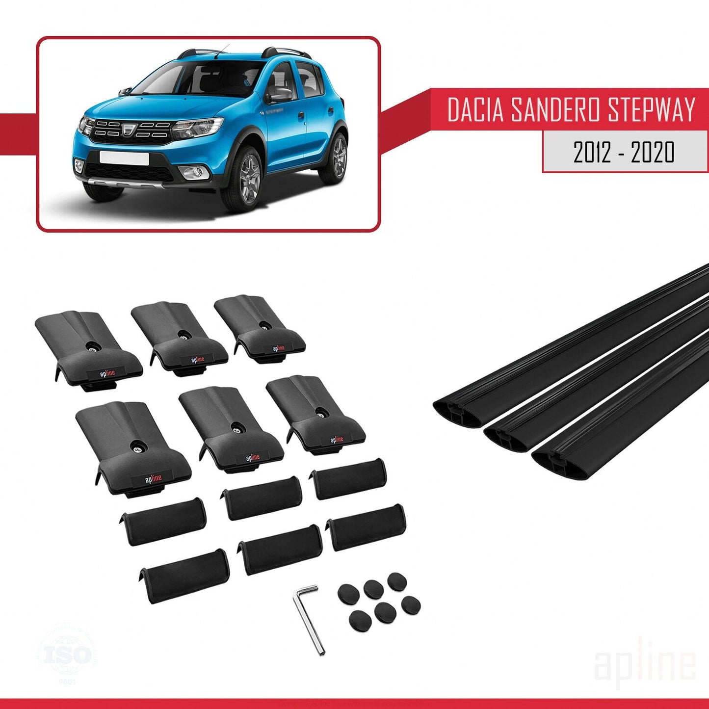 Compatibile con Dacia Sandero Stepway 2 2012-2020 modello FLY Barre portatutto per auto Portapacchi in alluminio nero 3 barre