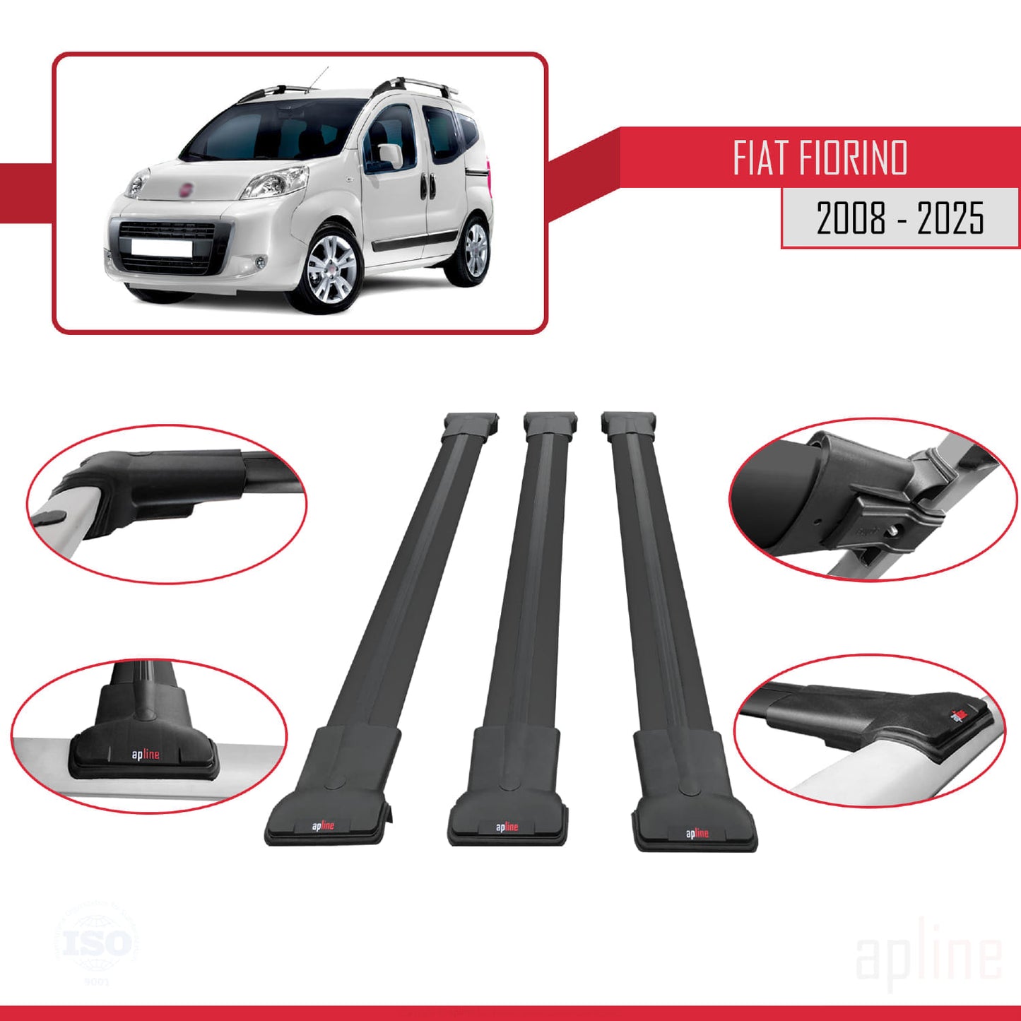 Compatibile con Fiat Fiorino 3 2008-2025 Modello FLY Barre Portatutto Railing Portapacchi Auto Alluminio Nero 3 Barre