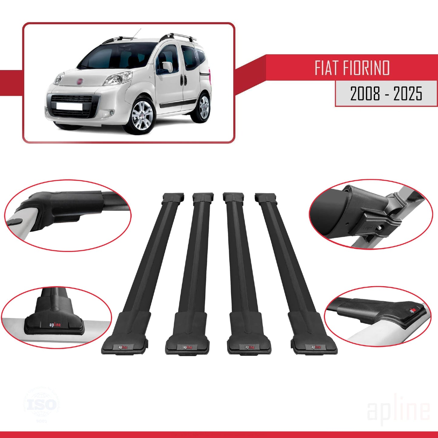 Compatibile con Fiat Fiorino 3 2008-2025 Modello FLY Barre Portatutto Railing Portapacchi Auto Alluminio Nero 4 Barre