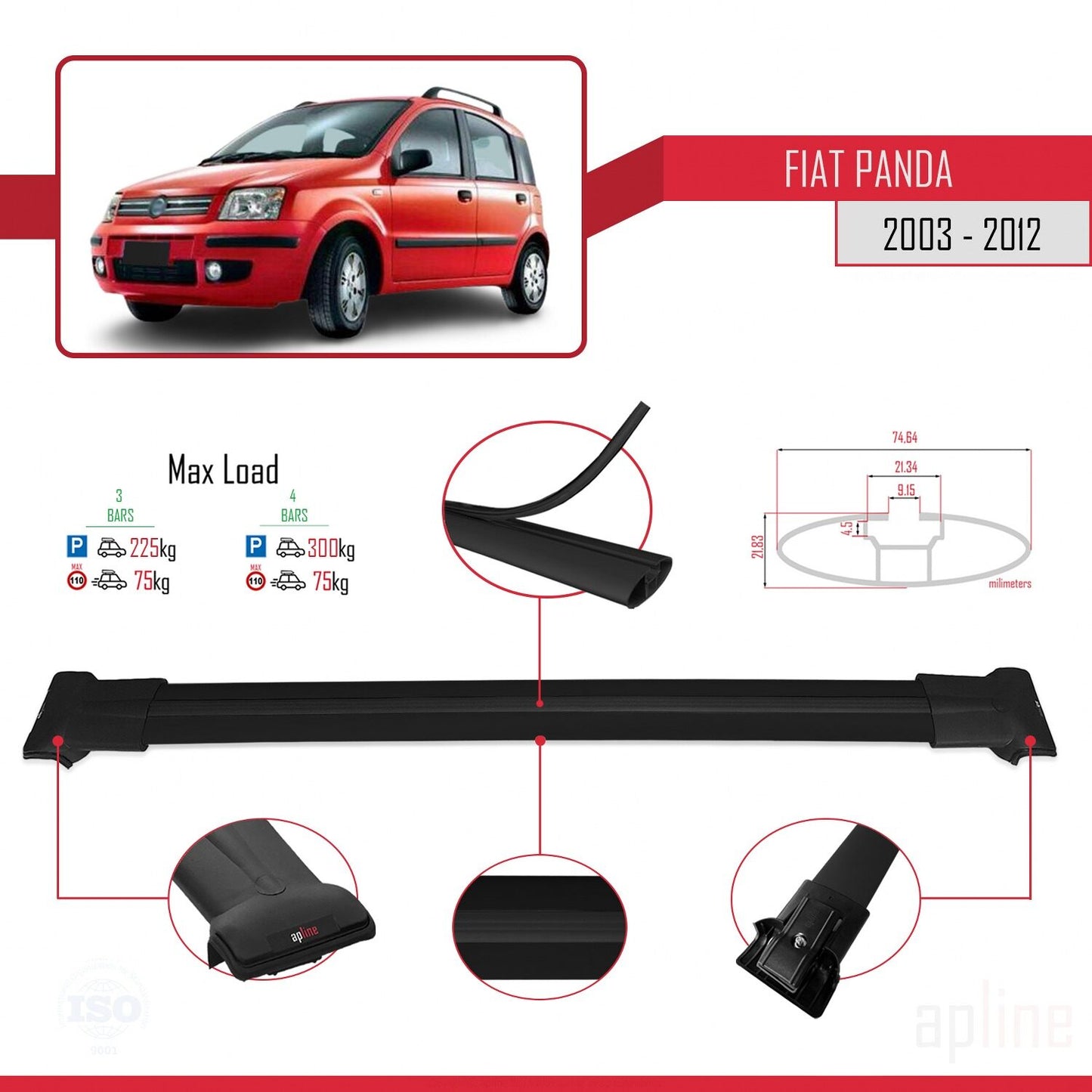 Compatibile con Fiat Panda 2 (169) 2003-2012 Modello FLY Barre Portatutto Railing Portapacchi Auto Alluminio Nero 3 Barre