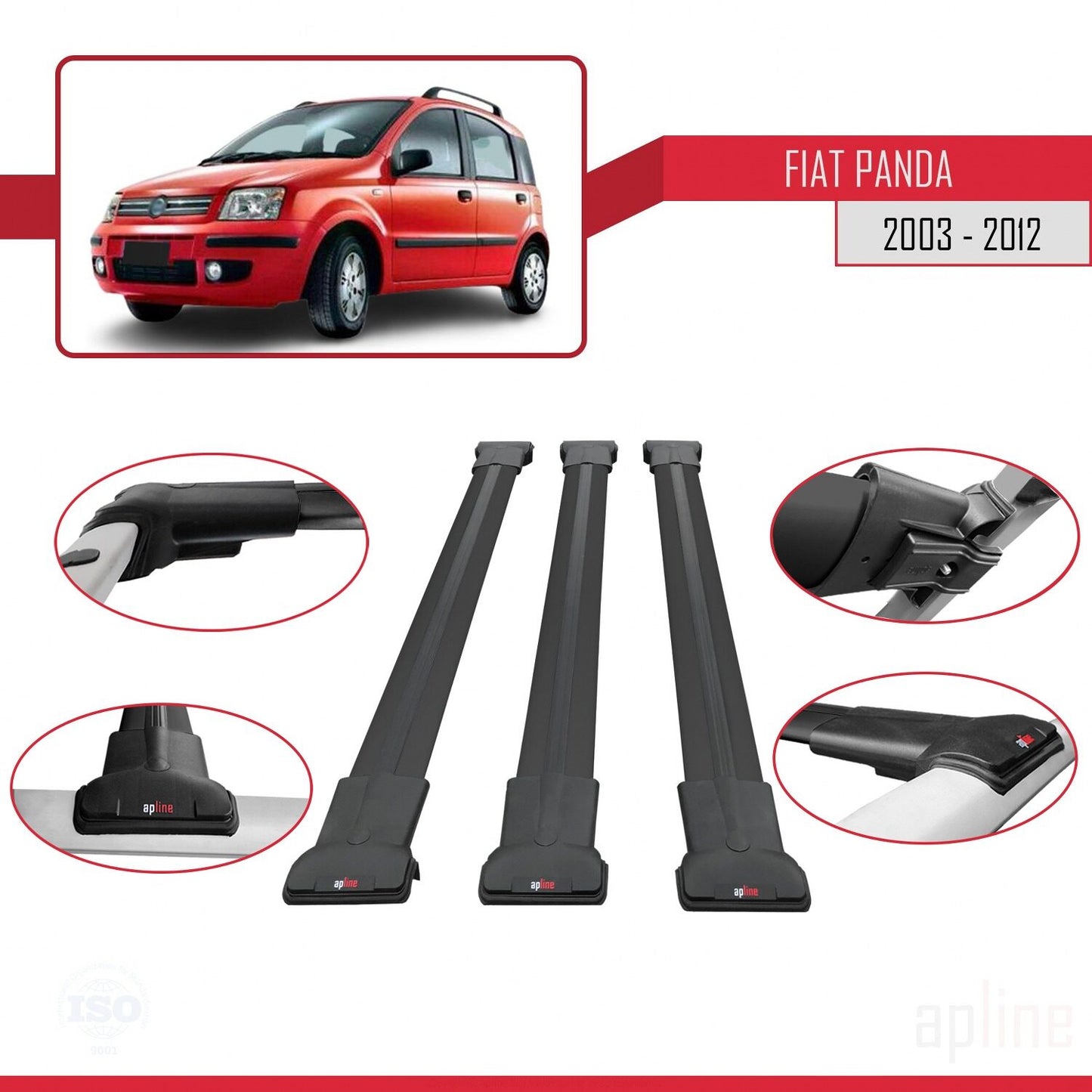 Compatibile con Fiat Panda 2 (169) 2003-2012 Modello FLY Barre Portatutto Railing Portapacchi Auto Alluminio Nero 3 Barre