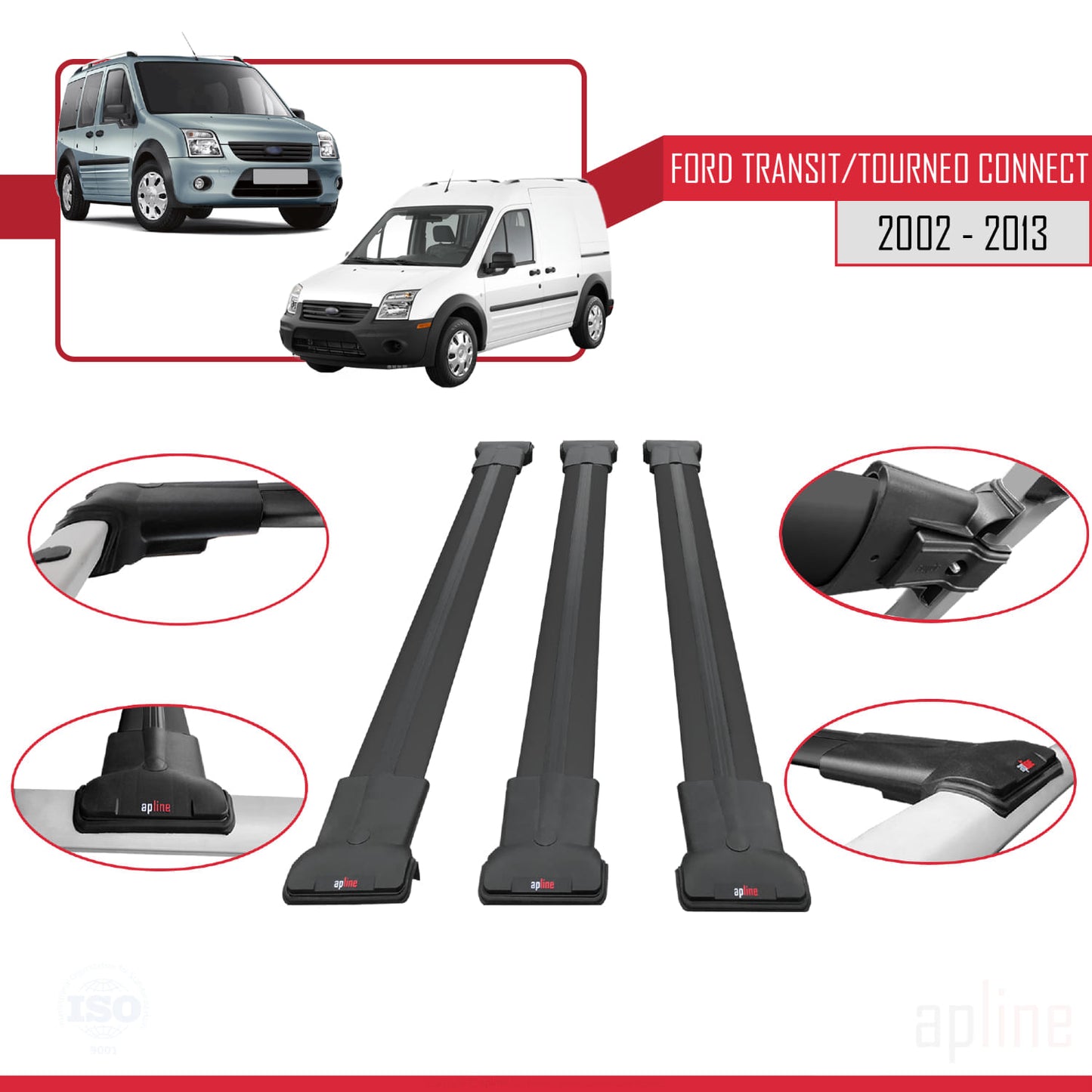 Compatibile con Ford Transit/Tourneo Connect 2002-2013 modello FLY Barre portatutto per auto Portapacchi in alluminio nero 3 barre