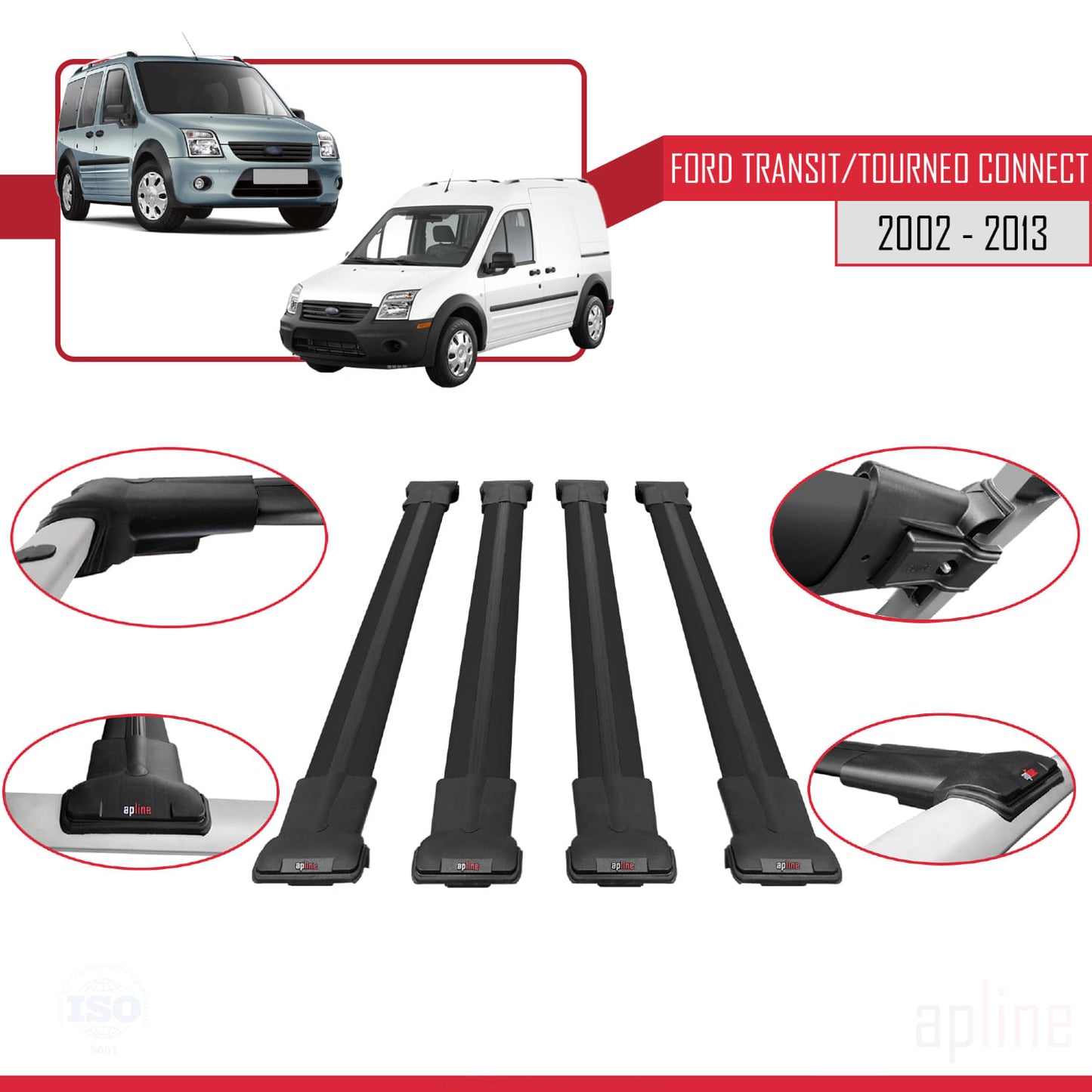 Compatibile con Ford Transit/Tourneo Connect 2002-2013 modello FLY Barre portatutto per auto Portapacchi in alluminio nero 4 barre
