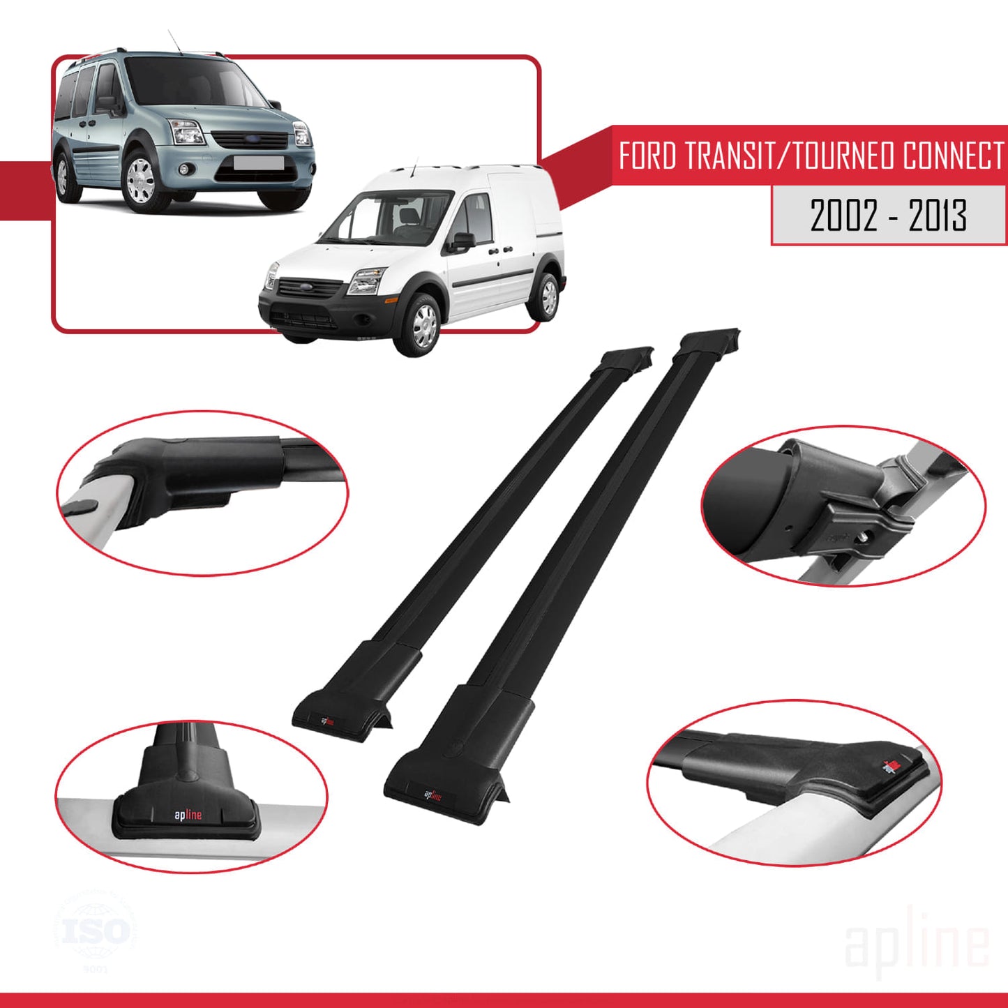 Compatibile con Ford Transit/Tourneo Connect 2002-2013 modello FLY Barre portatutto per auto Portapacchi in alluminio nero 2 barre