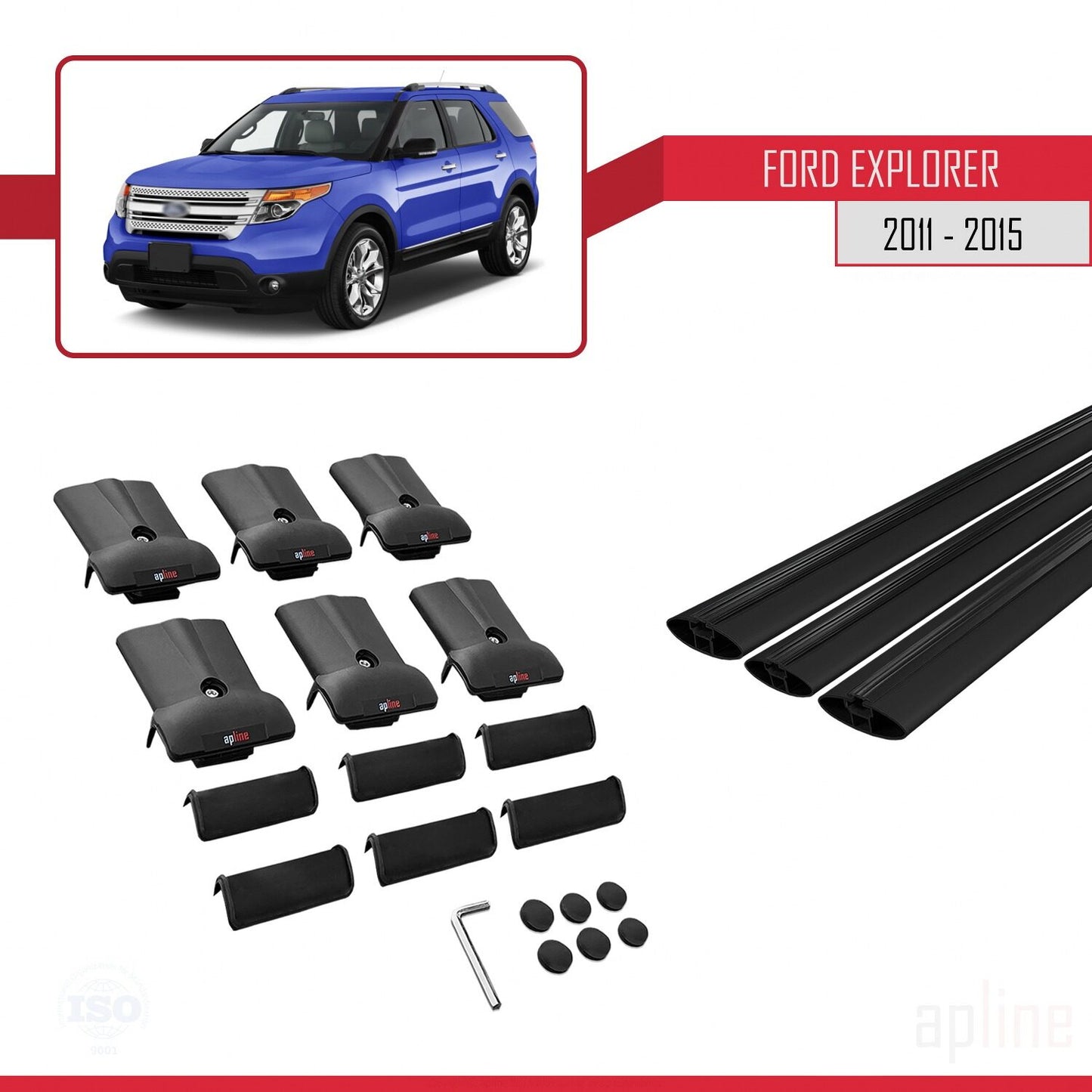 Compatibile con Ford Explorer 5 (U502) Pre-Facelift 2011-2015 modello FLY Barre portatutto per auto Portapacchi in alluminio nero 3 barre