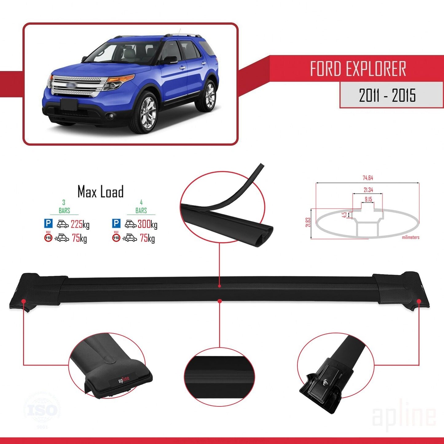 Compatibile con Ford Explorer 5 (U502) Pre-Facelift 2011-2015 modello FLY Barre portatutto per auto Portapacchi in alluminio nero 4 barre