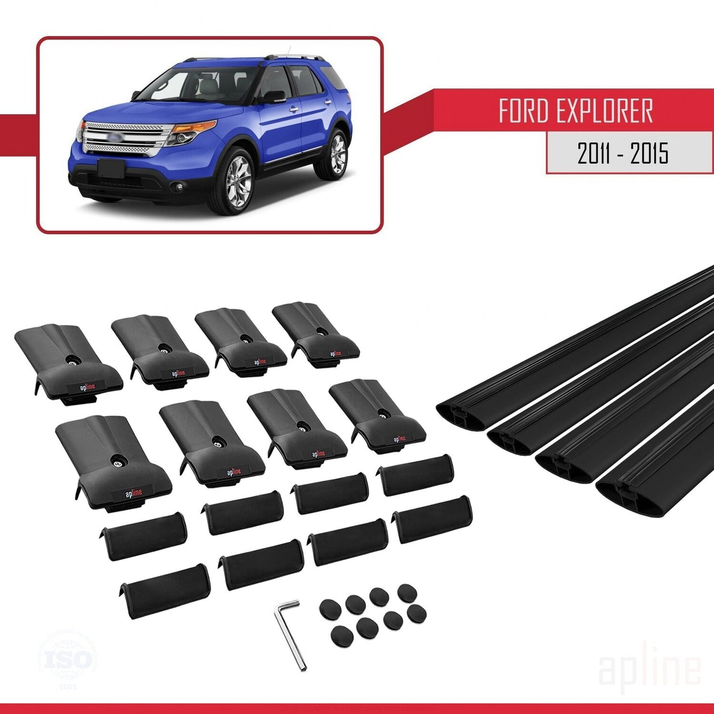 Compatibile con Ford Explorer 5 (U502) Pre-Facelift 2011-2015 modello FLY Barre portatutto per auto Portapacchi in alluminio nero 4 barre