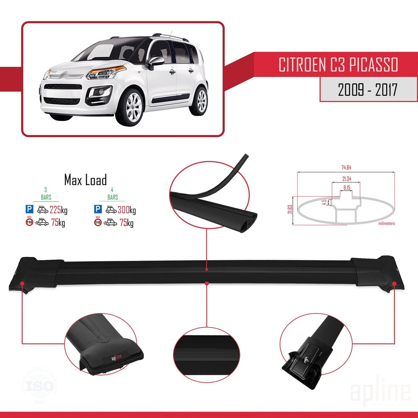 Compatibile con Citroen C3 Picasso 2009-2017 modello FLY Barre portatutto per auto Portapacchi in alluminio nero 3 barre
