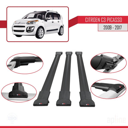 Compatibile con Citroen C3 Picasso 2009-2017 modello FLY Barre portatutto per auto Portapacchi in alluminio nero 3 barre