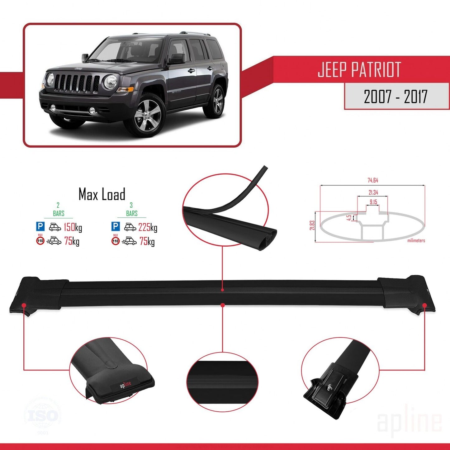 Compatible avec Jeep Patriot 2007-2017 FLY Model Barres de Toit Railing Porte-Bagages de Voiture Noir Aluminium 2 Barres
