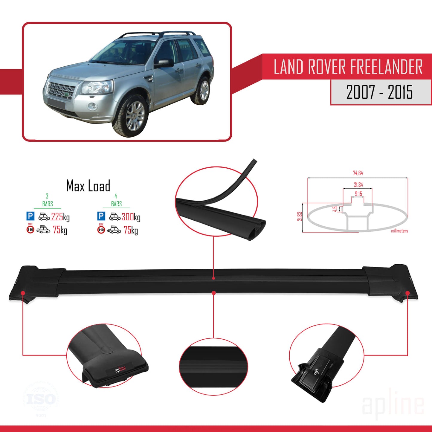 Compatible with Land Rover Freelander 2 (L359) 2007-2015 FLY Model Car Roof Rack Cross Bar Black Aluminium 3 Bars