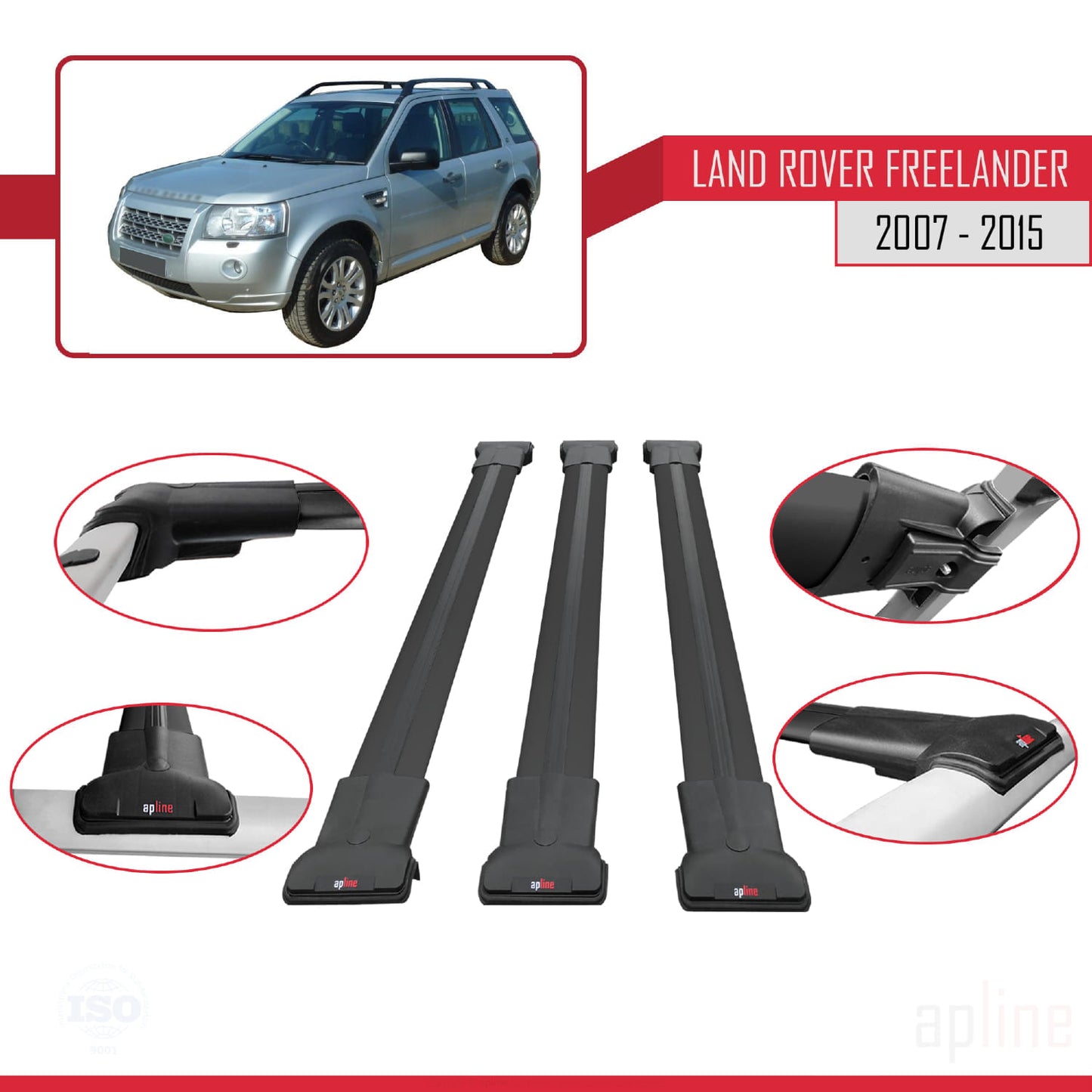Compatible with Land Rover Freelander 2 (L359) 2007-2015 FLY Model Car Roof Rack Cross Bar Black Aluminium 3 Bars