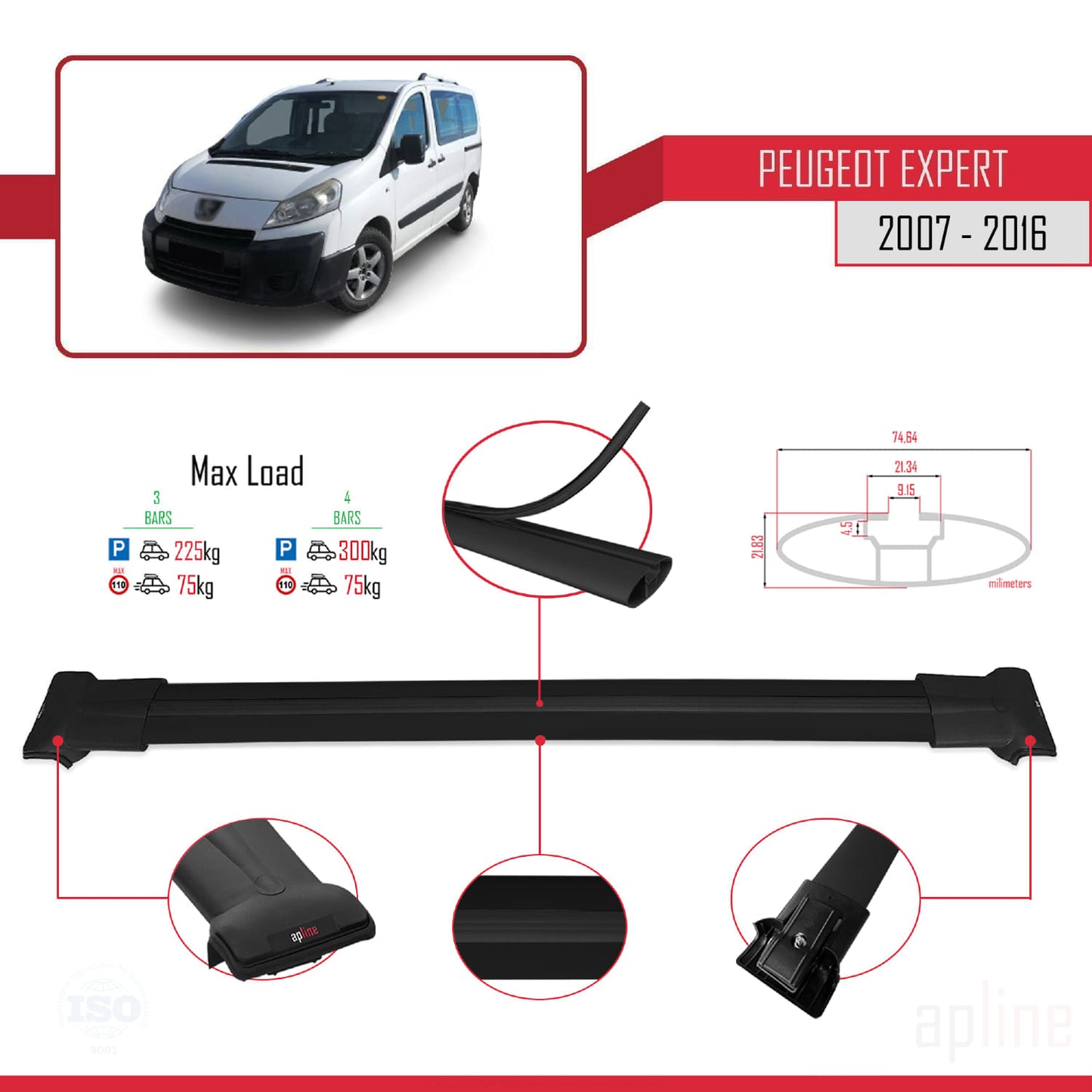 Compatibile con Peugeot Expert 2 2007-2016 FLY Model Barre Tetto Portapacchi Auto Barre Portatutto Nero Alluminio 4 Barre