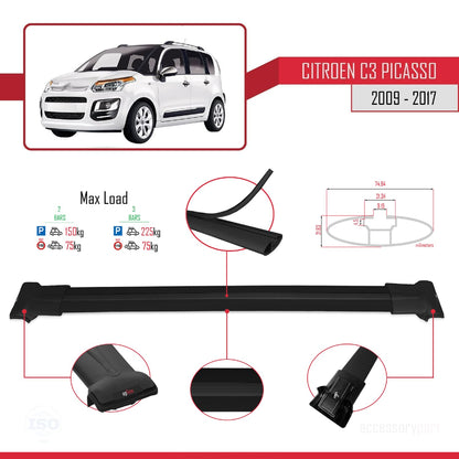 Compatibile con Citroen C3 Picasso 2009-2017 modello FLY Barre portatutto per auto Portapacchi in alluminio nero 2 barre