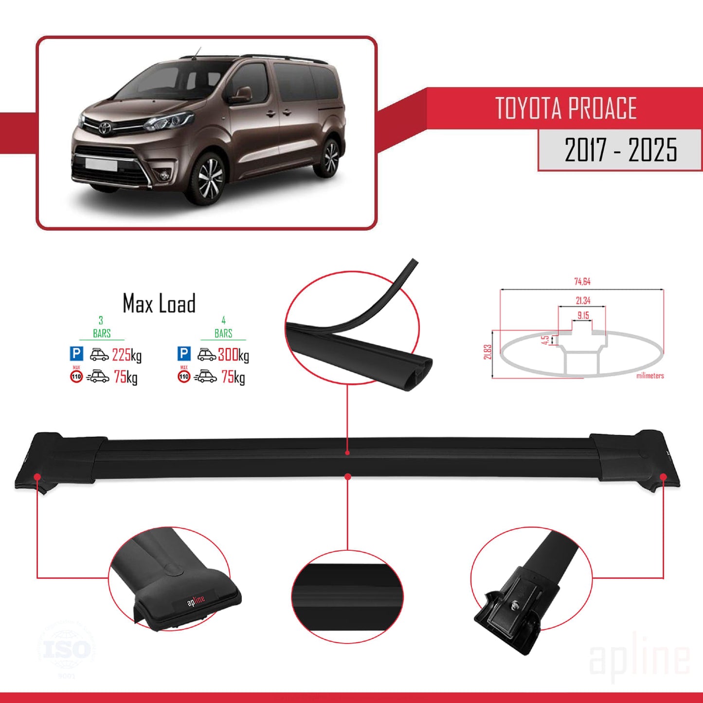 Compatible avec Toyota Proace 2017-2025 FLY Model Barres de Toit Railing Porte-Bagages de Voiture Noir Aluminium 4 Barres