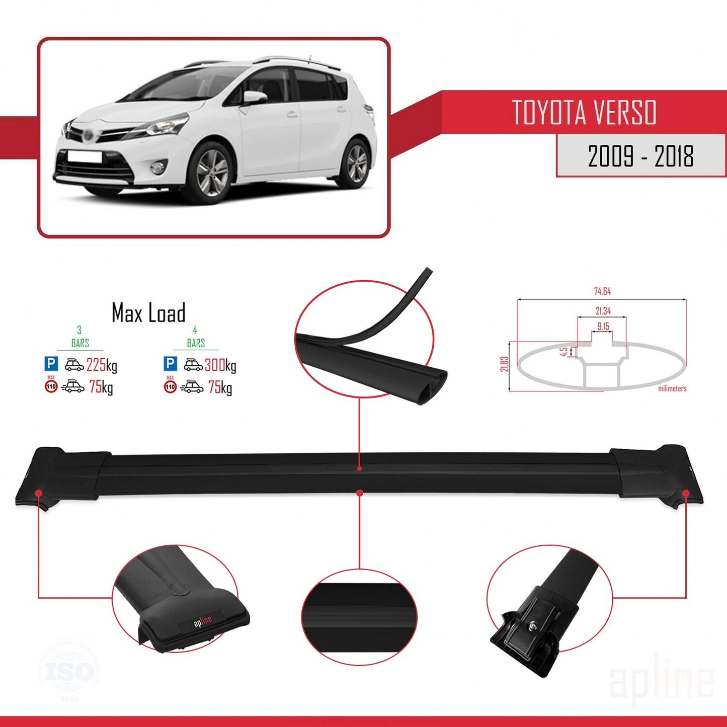 Compatible avec Toyota Verso (AR20) 2009-2018 FLY Model Barres de Toit Railing Porte-Bagages de Voiture Noir Aluminium 3 Barres