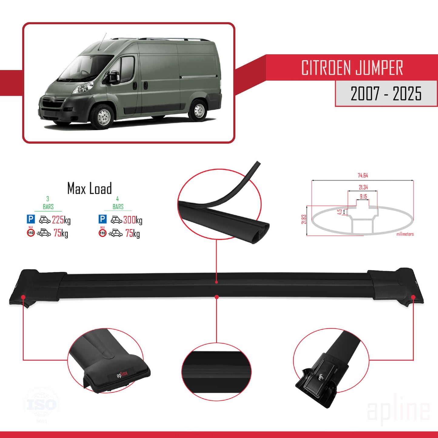 Compatibile con Citroen Jumper 2 2007-2025 modello FLY Barre portatutto per auto Portapacchi in alluminio nero 3 barre