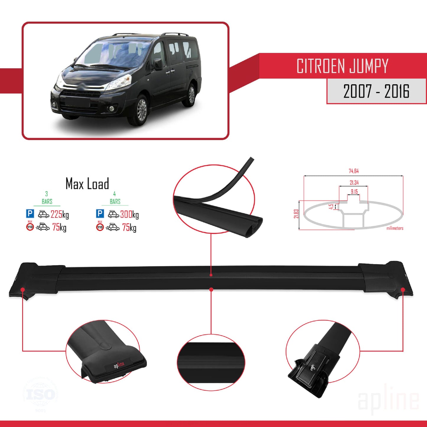 Compatibile con Citroen Jumpy 2 (G9) 2007-2016 modello FLY Barre portatutto per auto Portapacchi in alluminio nero 3 barre