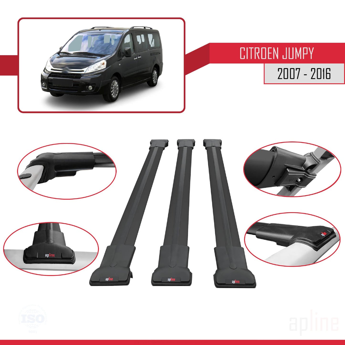 Compatibile con Citroen Jumpy 2 (G9) 2007-2016 modello FLY Barre portatutto per auto Portapacchi in alluminio nero 3 barre