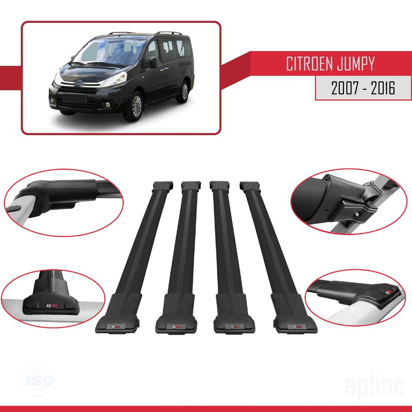Compatibile con Citroen Jumpy 2 (G9) 2007-2016 modello FLY Barre portatutto per auto Portapacchi in alluminio nero 4 barre