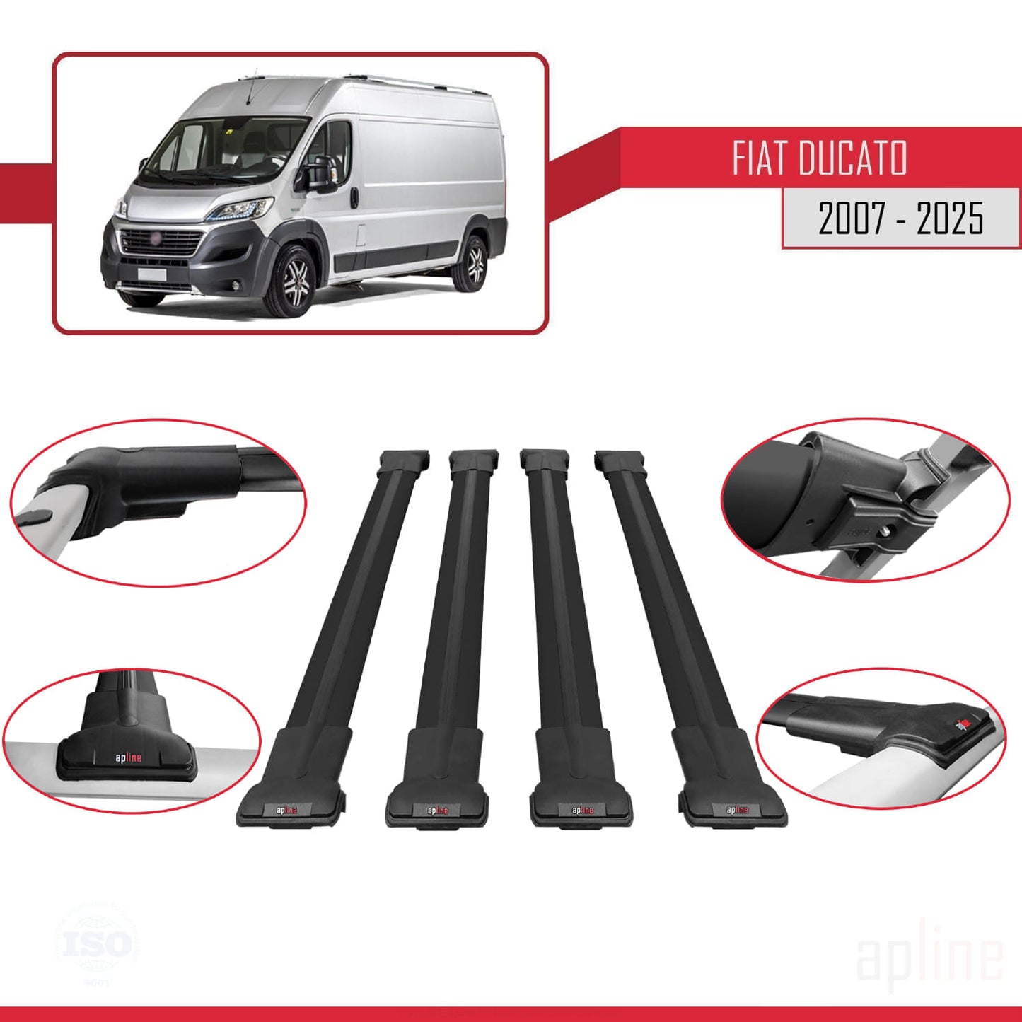 Compatibile con Fiat Ducato 3 2007-2025 Modello FLY Barre Portatutto Railing Portapacchi Auto Alluminio Nero 4 Barre