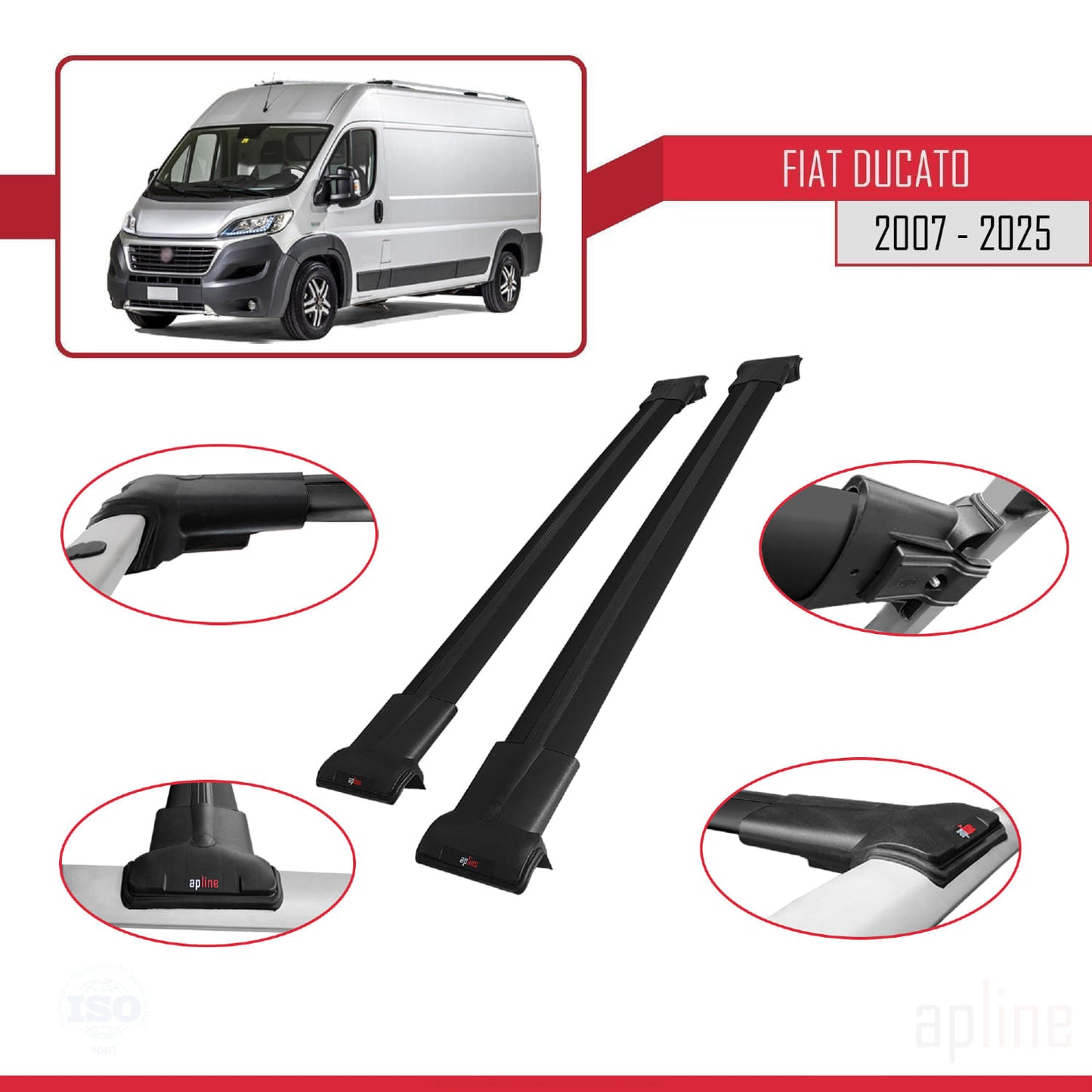 Compatibile con Fiat Ducato 3 2007-2025 Modello FLY Barre Portatutto Railing Portapacchi Auto Alluminio Nero 2 Barre
