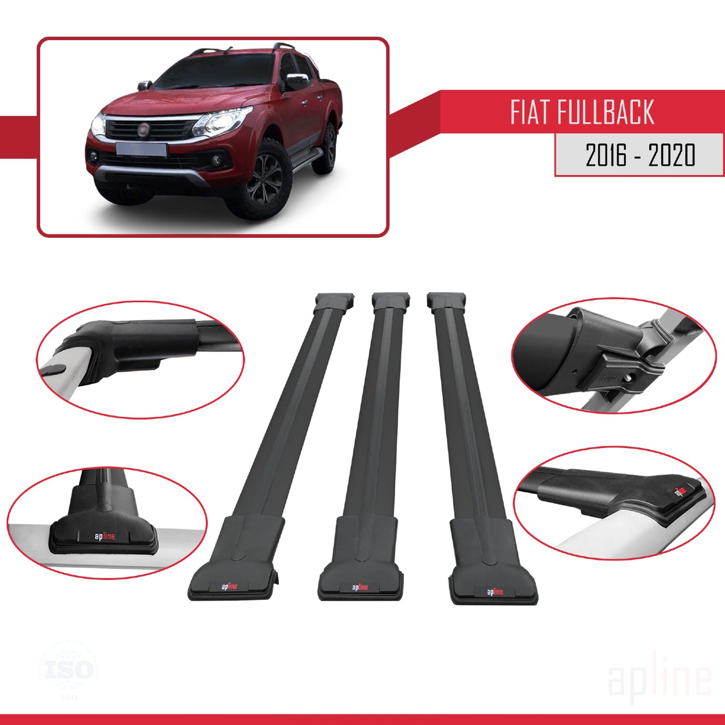 Compatibile con Fiat Fullback 2016-2020 modello FLY Barre portatutto Railing Portapacchi per auto Alluminio nero 3 barre