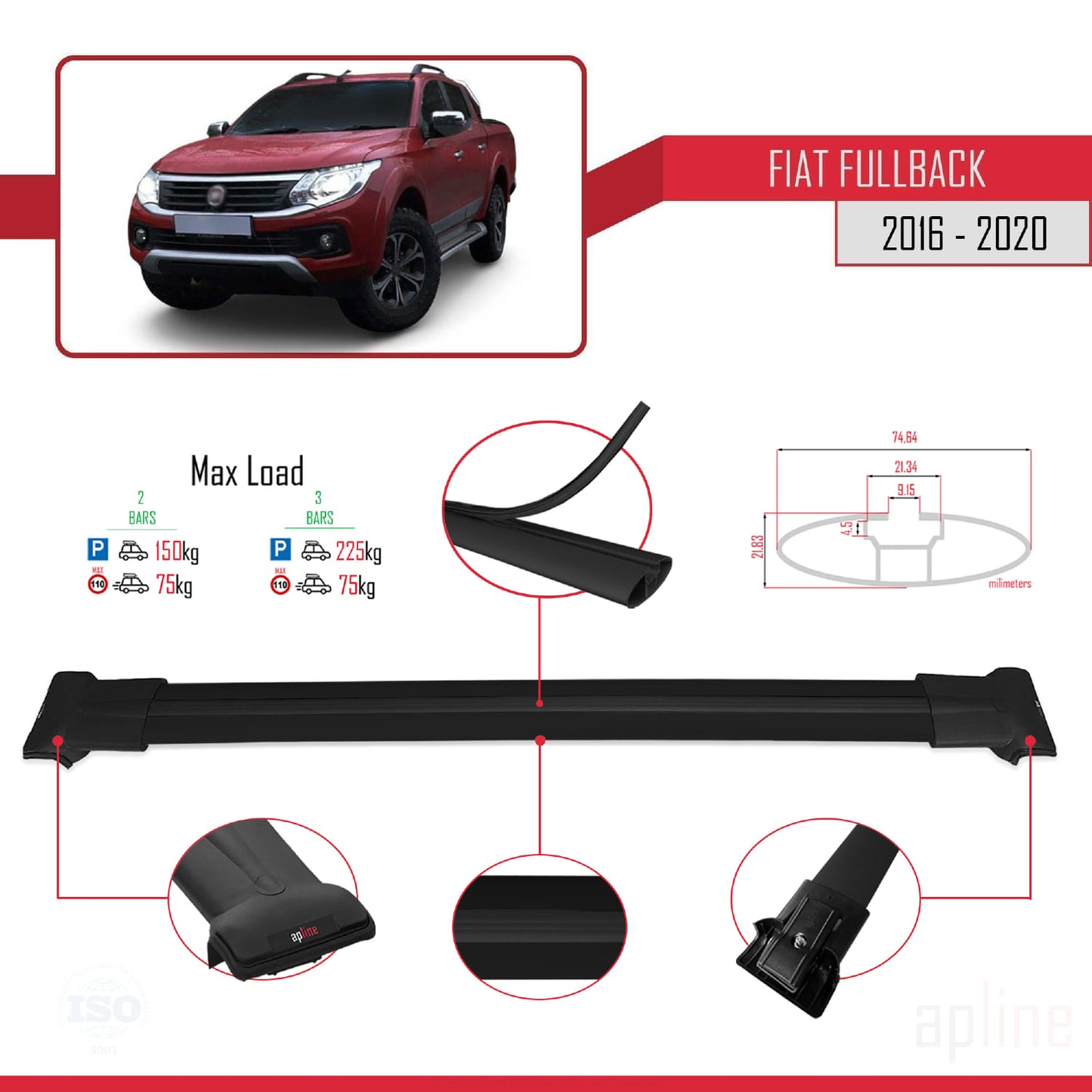 Compatibile con Fiat Fullback 2016-2020 modello FLY Barre portatutto Railing Portapacchi per auto Alluminio nero 2 barre