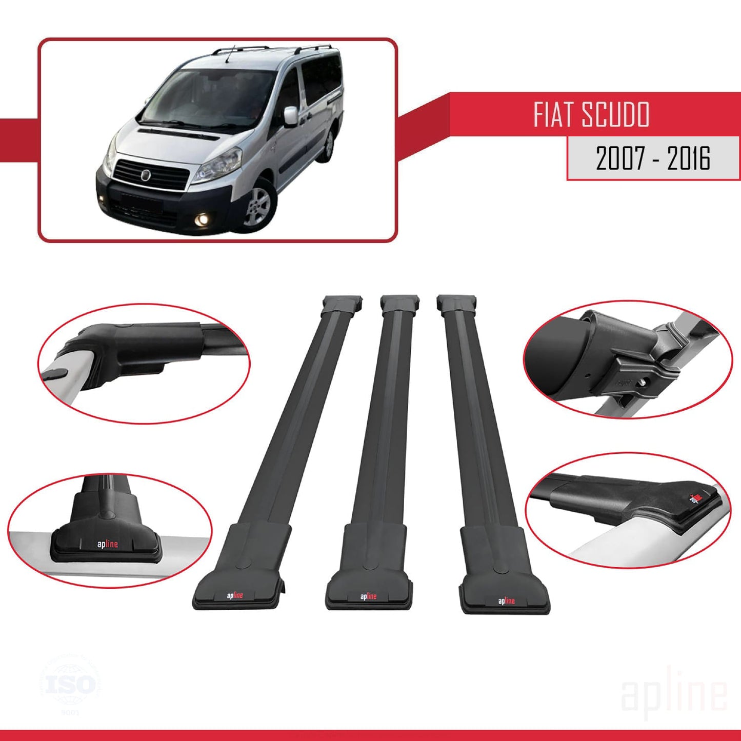 Compatibile con Fiat Scudo 2 2007-2016 modello FLY Barre portatutto Railing Portapacchi Auto Alluminio Nero 3 Barre