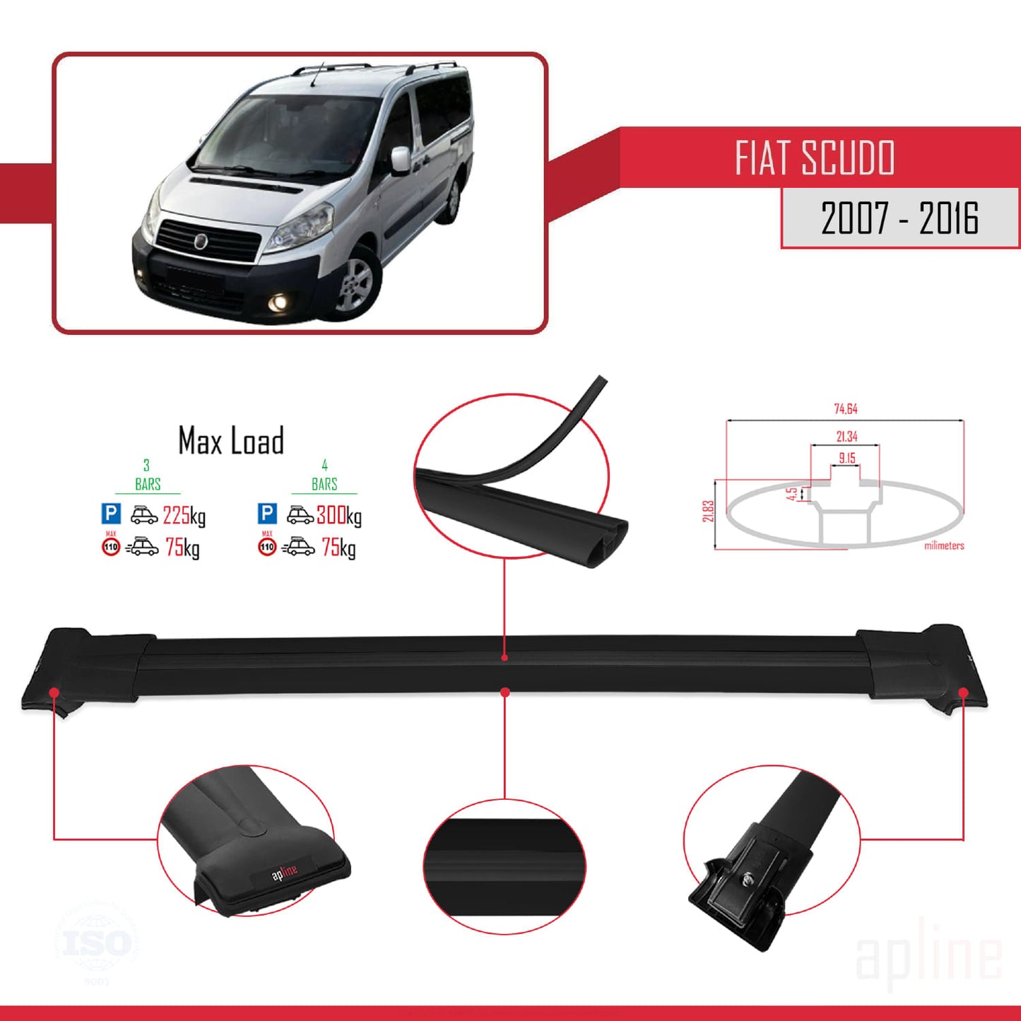 Compatibile con Fiat Scudo 2 2007-2016 modello FLY Barre portatutto Railing Portapacchi Auto Alluminio Nero 4 Barre