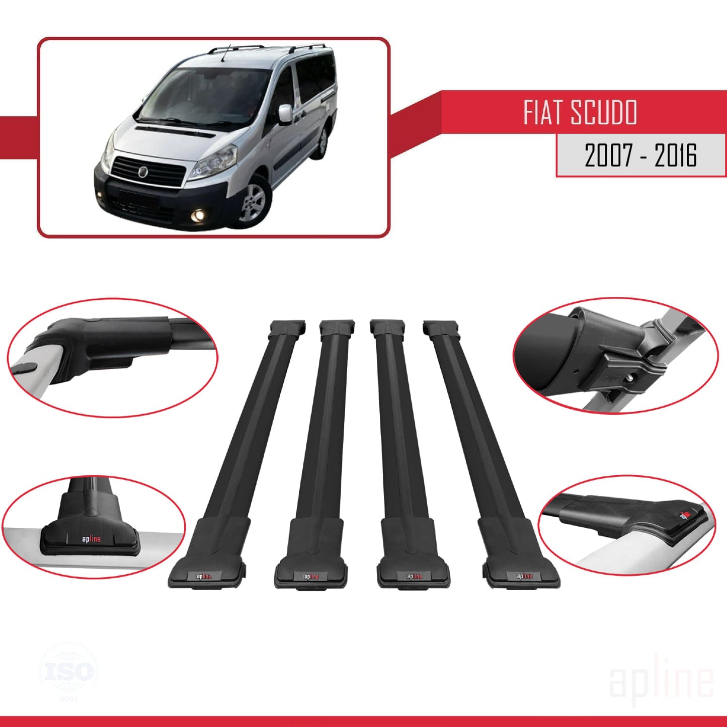 Compatibile con Fiat Scudo 2 2007-2016 modello FLY Barre portatutto Railing Portapacchi Auto Alluminio Nero 4 Barre