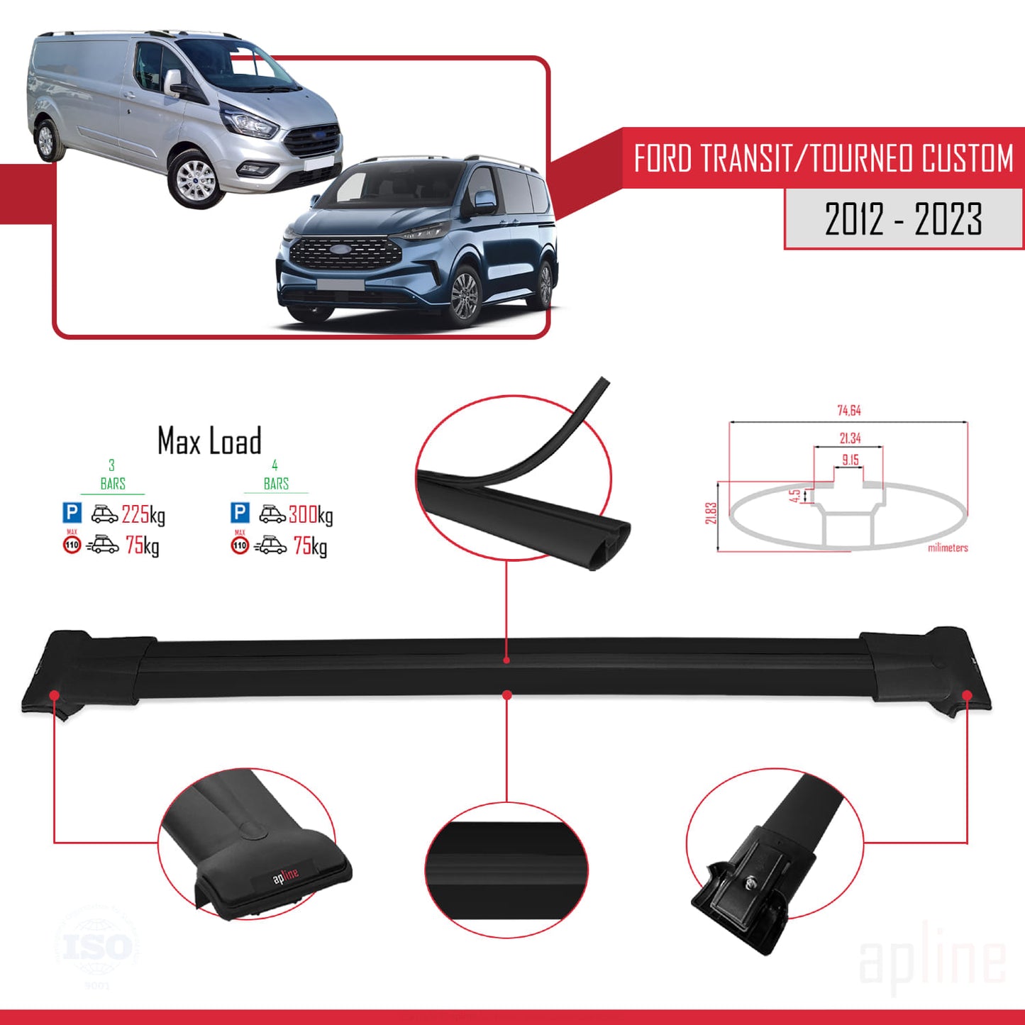Compatibile con Ford Transit/Tourneo Custom 2012-2023 modello FLY Barre portatutto per auto Portapacchi in alluminio nero 3 barre