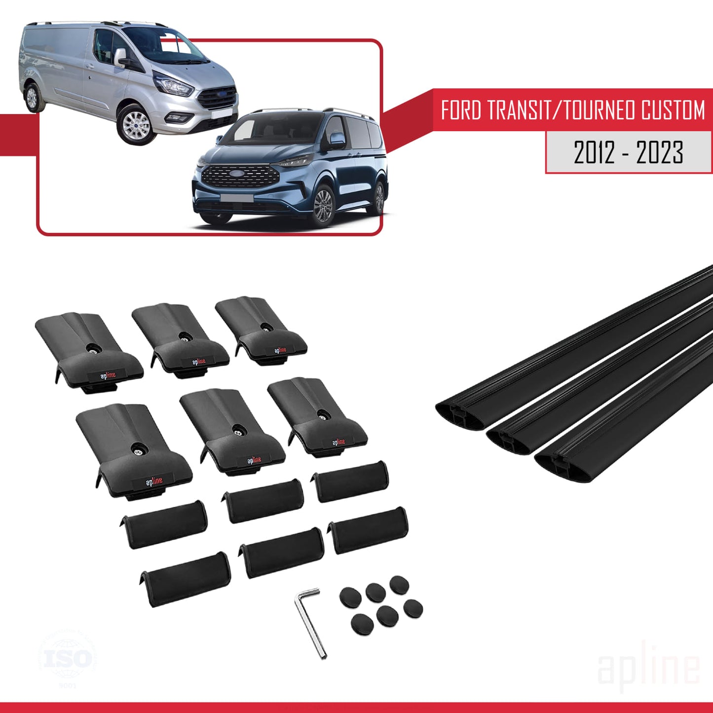 Compatibile con Ford Transit/Tourneo Custom 2012-2023 modello FLY Barre portatutto per auto Portapacchi in alluminio nero 3 barre