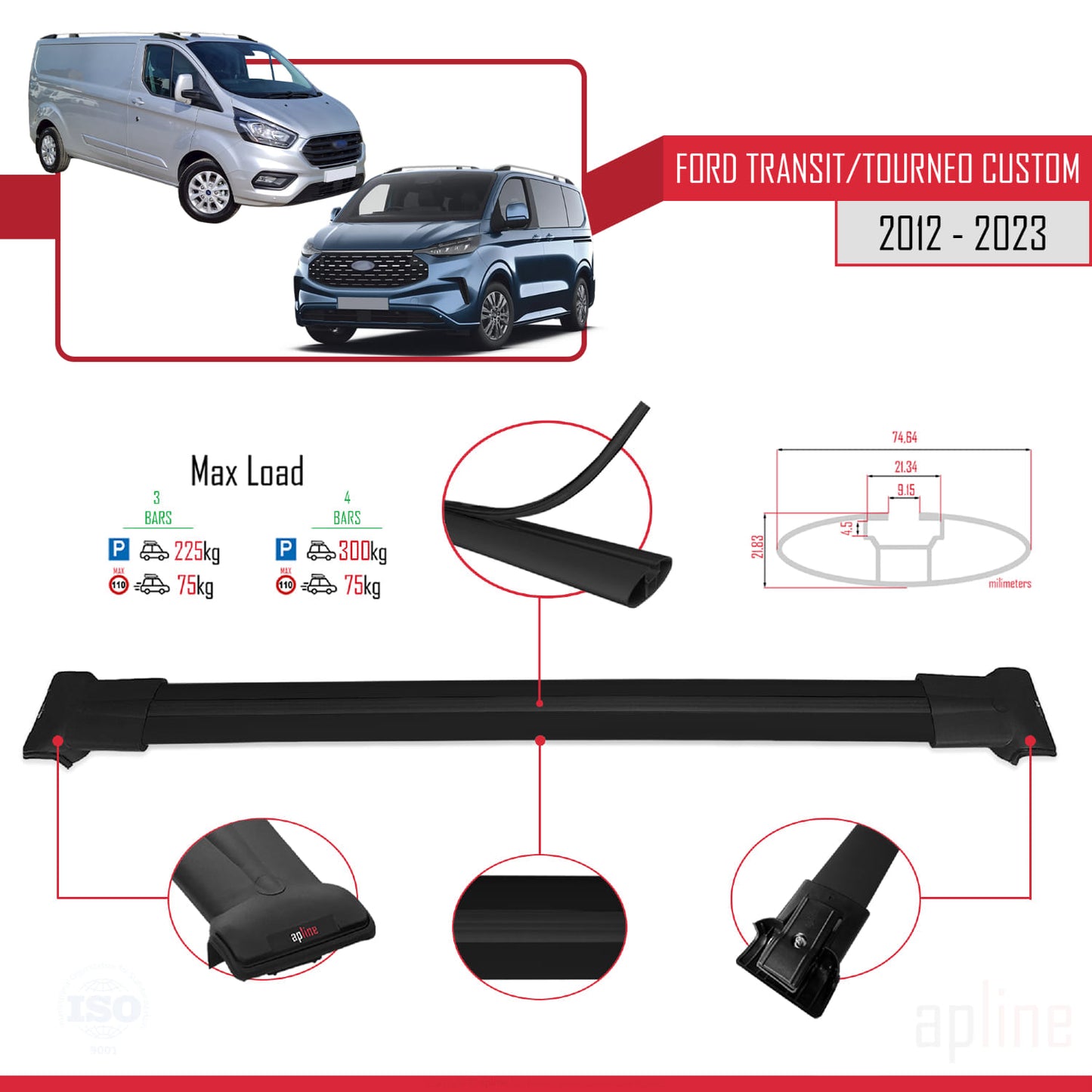 Compatibile con Ford Transit/Tourneo Custom 2012-2023 modello FLY Barre portatutto per auto Portapacchi in alluminio nero 4 barre