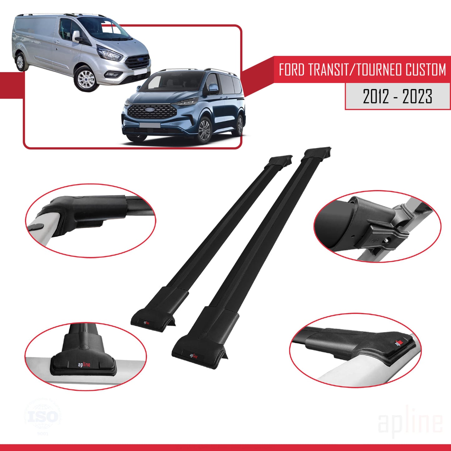 Compatibile con Ford Transit/Tourneo Custom 2012-2023 modello FLY Barre portatutto per auto Portapacchi in alluminio nero 2 barre