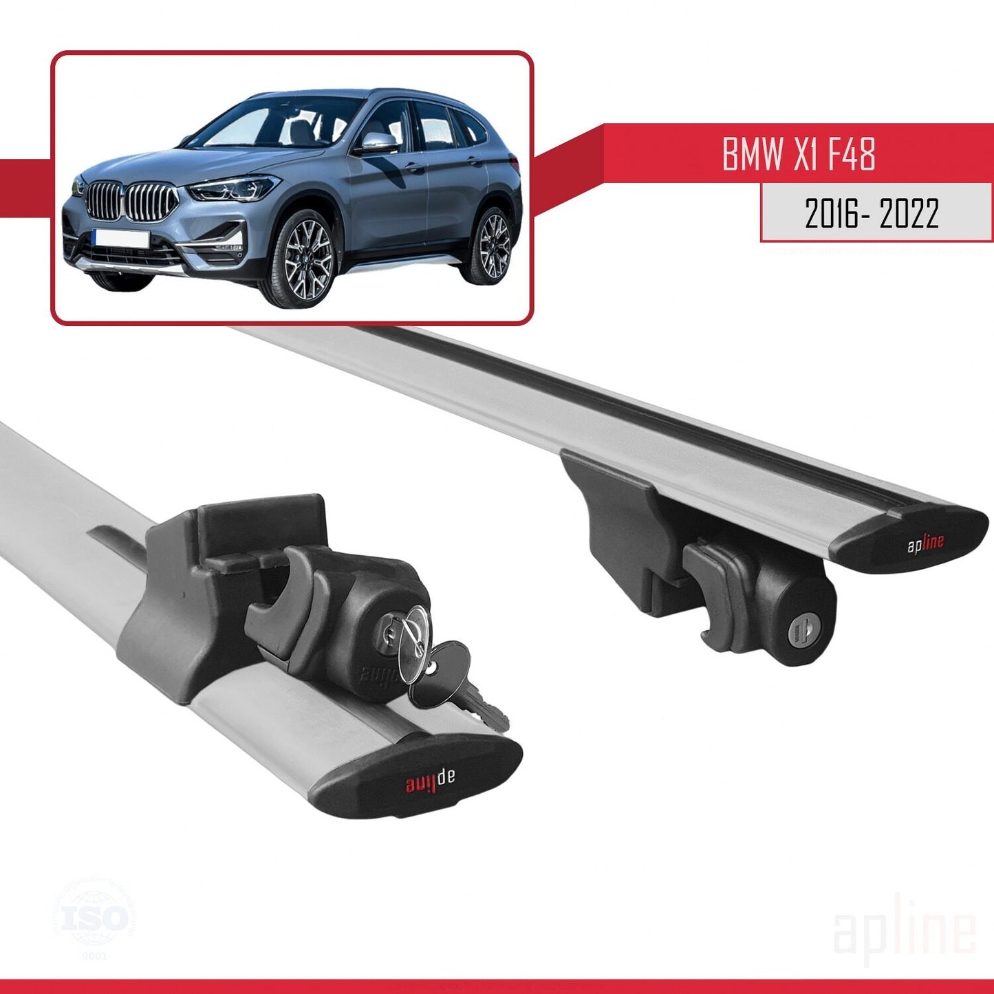 Compatibile con BMW X1 (F48) 2016-2022 Modello HOOK Barre portatutto per auto Portapacchi in alluminio grigio 2 barre