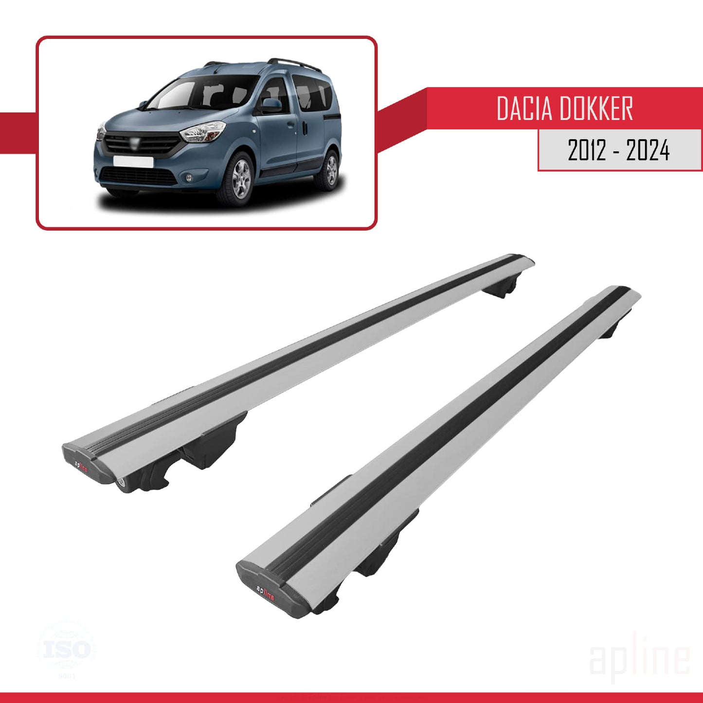 Compatible avec Dacia Dokker (K67) 2012-2024 HOOK Model Barres de Toit Railing Porte-Bagages de Voiture Gris Aluminium 2 Barres