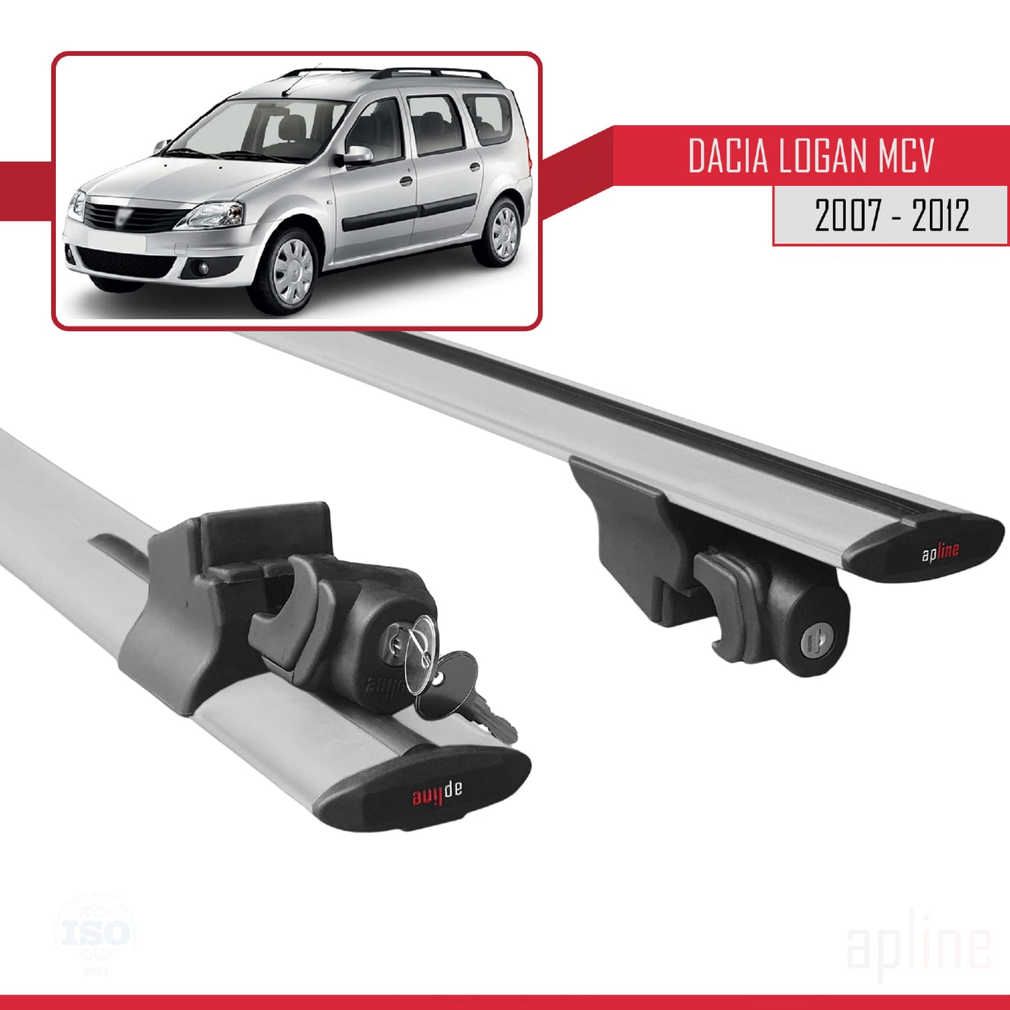 Kompatibel mit Dacia Logan 2 MCV (K52) 2007-2012 HOOK Modell Dachgepäckträger, graues Aluminium, 2 Stangen