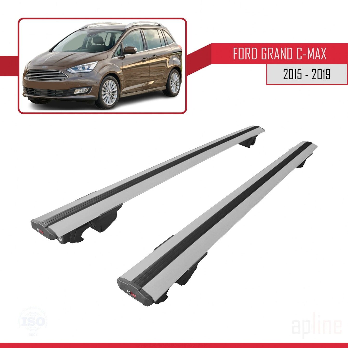 Compatibile con Ford Grand C-Max (C344) Post-Facelift 2015-2019 Modello HOOK Barre portatutto per auto Portapacchi in alluminio grigio 2 barre