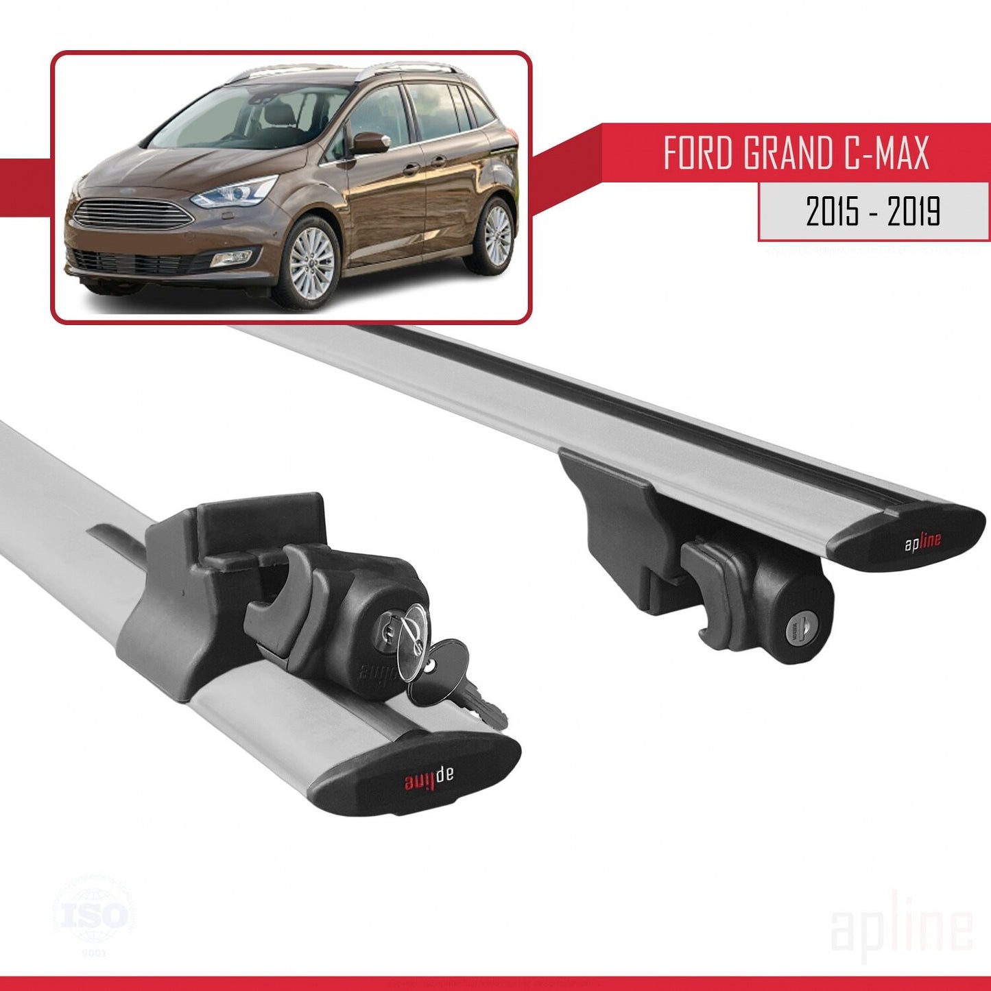 Compatibile con Ford Grand C-Max (C344) Post-Facelift 2015-2019 Modello HOOK Barre portatutto per auto Portapacchi in alluminio grigio 2 barre